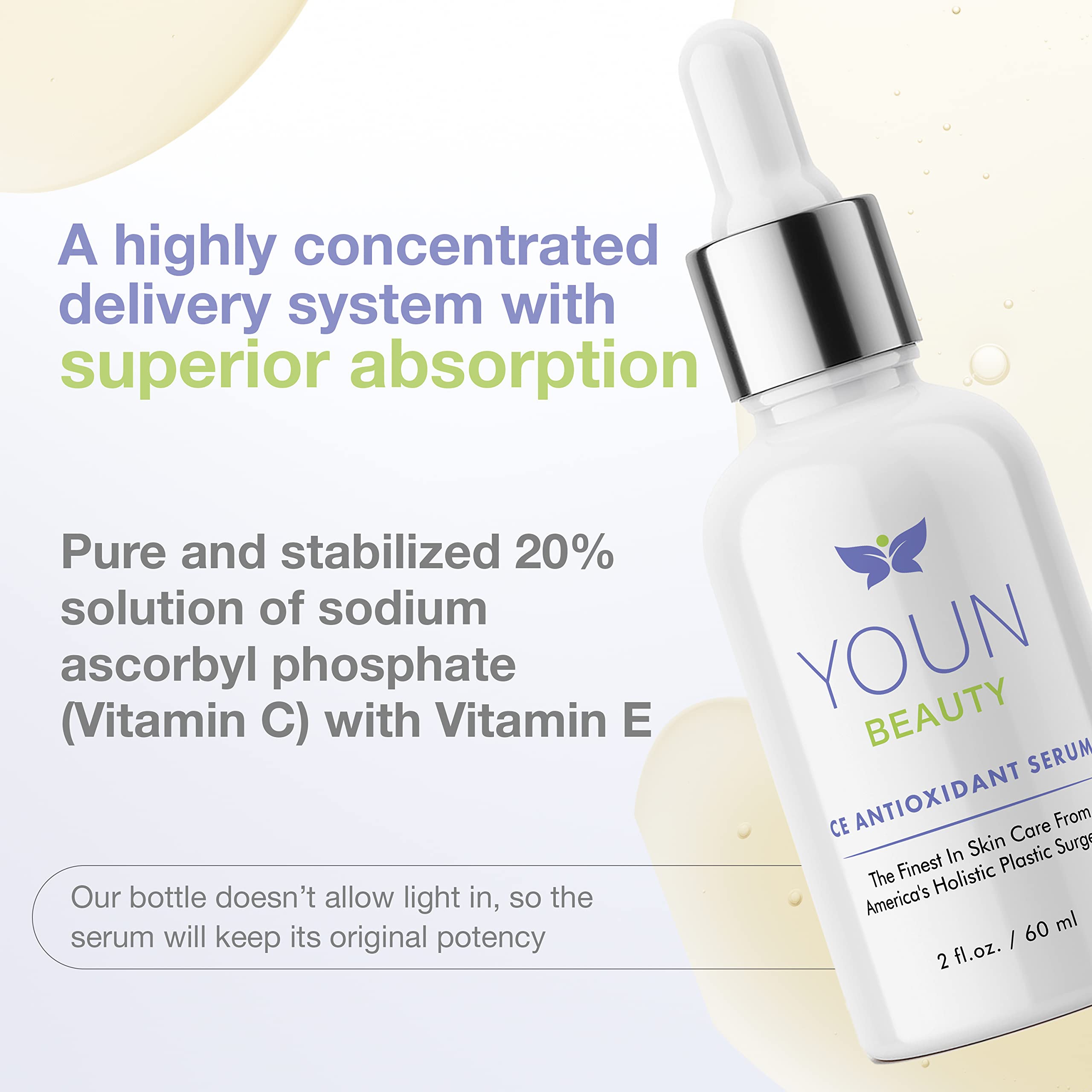 YOUN Beauty 20% Vitamin C Face Serum with Hyaluronic Acid, Ferulic Acid and Vitamin E by Holistic Plastic Surgeon Dr. Anthony Yo