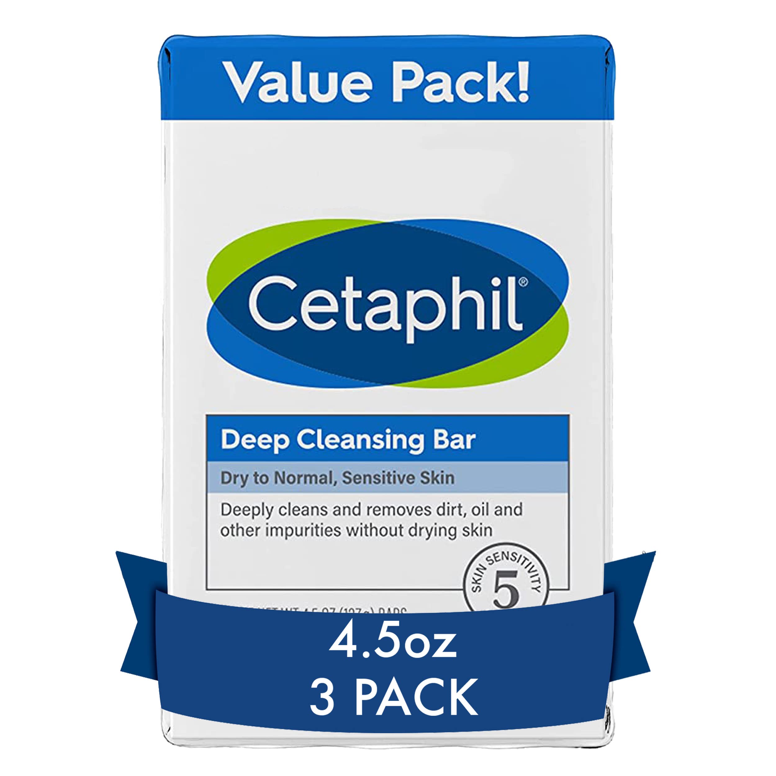 Cetaphil Bar Soap, Deep Cleansing Face And Body Bar, Pack Of 3, For Dry To Normal, Sensitive Skin, Soap Free, Hypoallergenic, Pa
