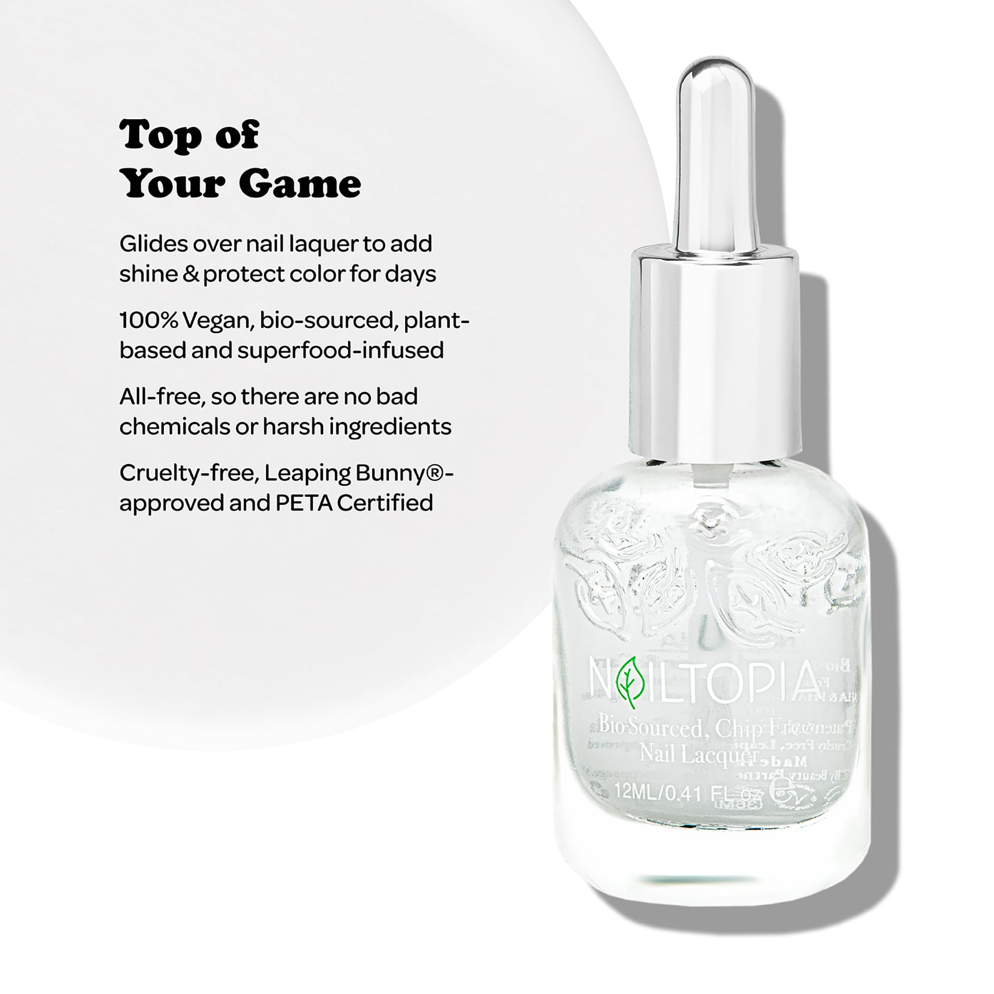 Nailtopia - Plant-Based Chip Free Top Coat - Non Toxic, Bio-Sourced, Long-Lasting, Strengthening Polish - Top Of Your Game (Clea