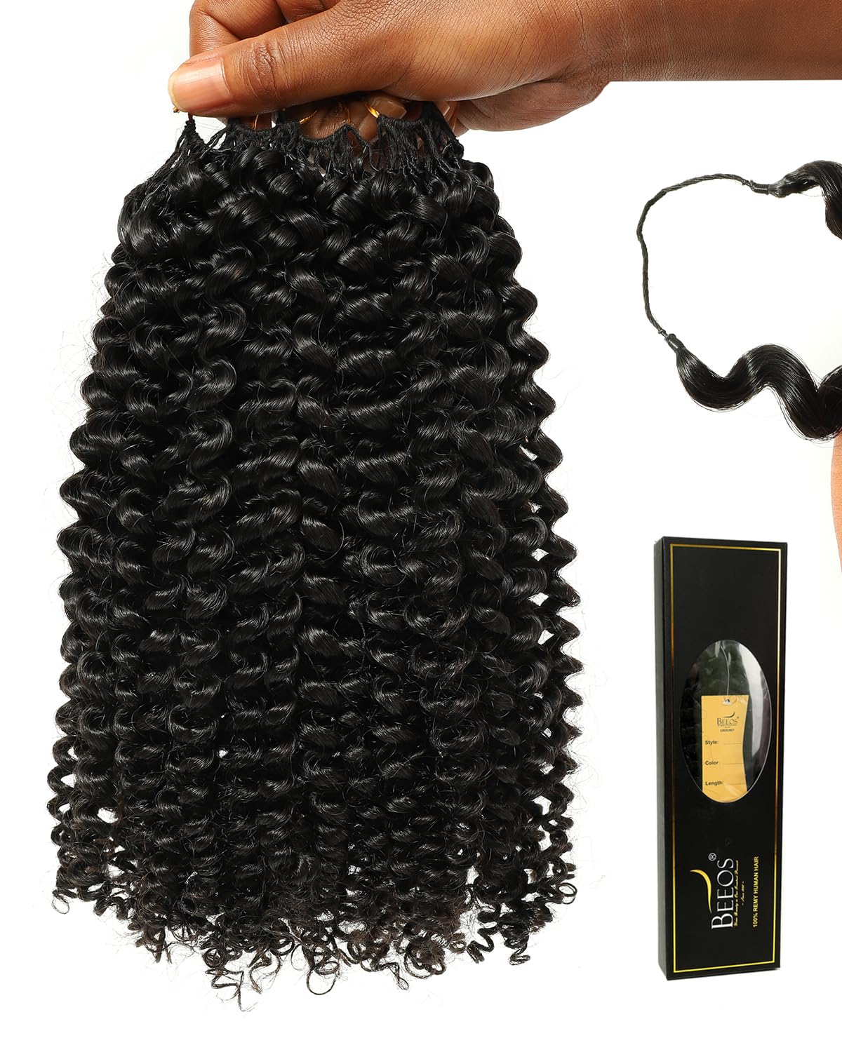 BEEOS Human Crochet Hair Kinky Curly 160g, Pre-Separated Feather Crochet Human Hair for Women, Detangle Easily and Reusable 16 I