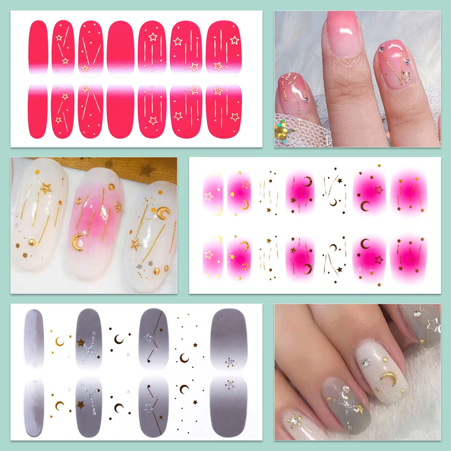 WOKOTO 20 Sheets Moon Stars Nail Polish Strips Gradient Nail Stickers Full Nail Wraps for Women Nail Polish Stickers Gel Nail St