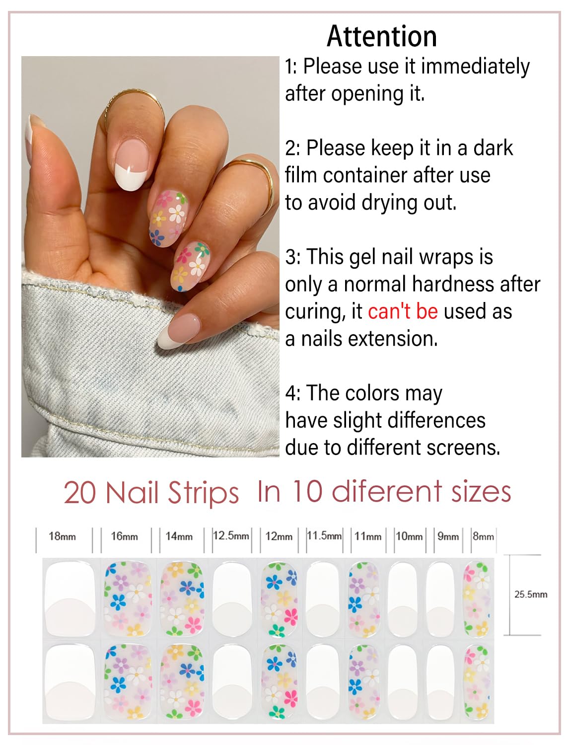 Wahrshei Semi Cured Gel Nail Strips | 20Pcs French Flower Gel Nail Stickers Uv | Semi Cured Gel Nail Wraps For Home Nails Diy