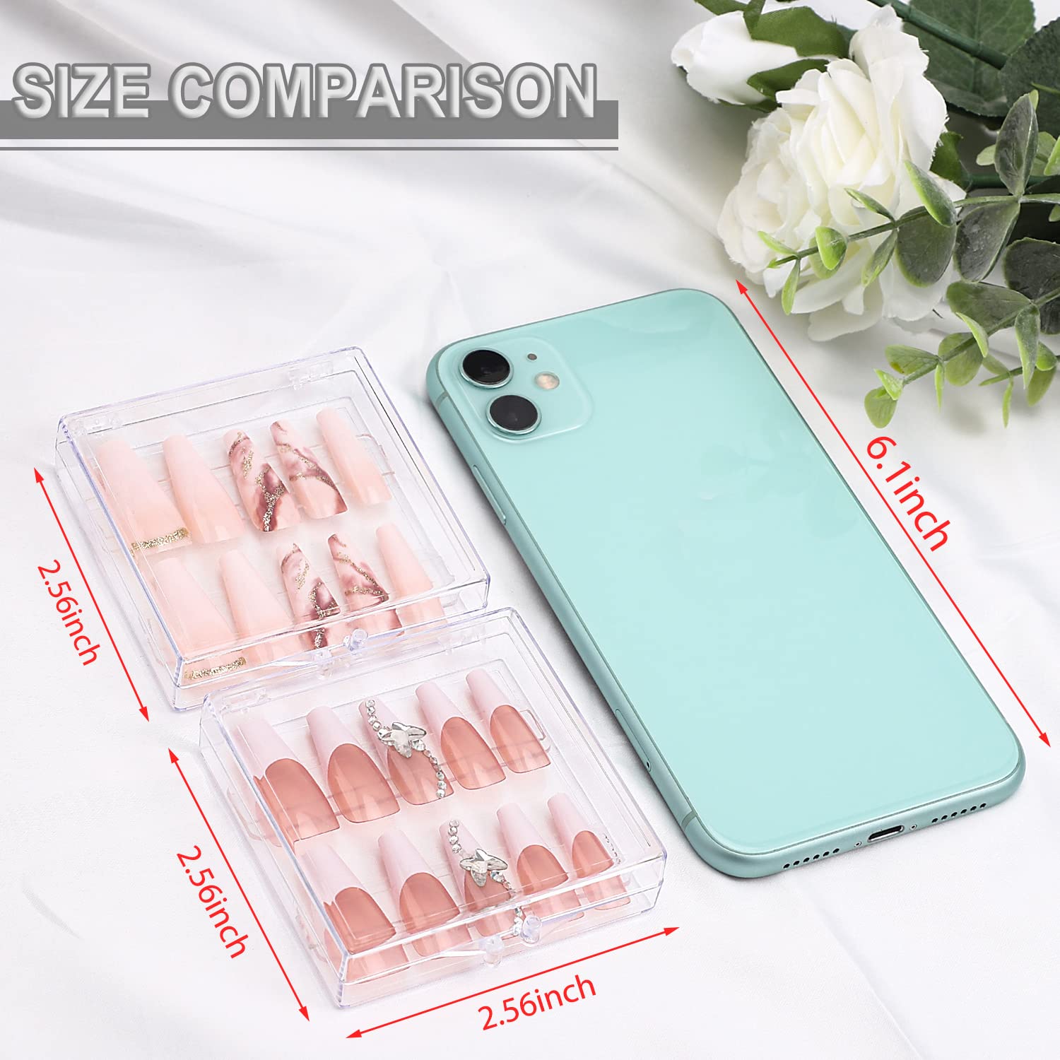 Noverlife 10Pcs Press On Nail Storage Box, 2.6X2.6 Inch / 6.5X6.5Cm Clear Empty Plastic Nail Tips Storage Box With Arcylic Nail