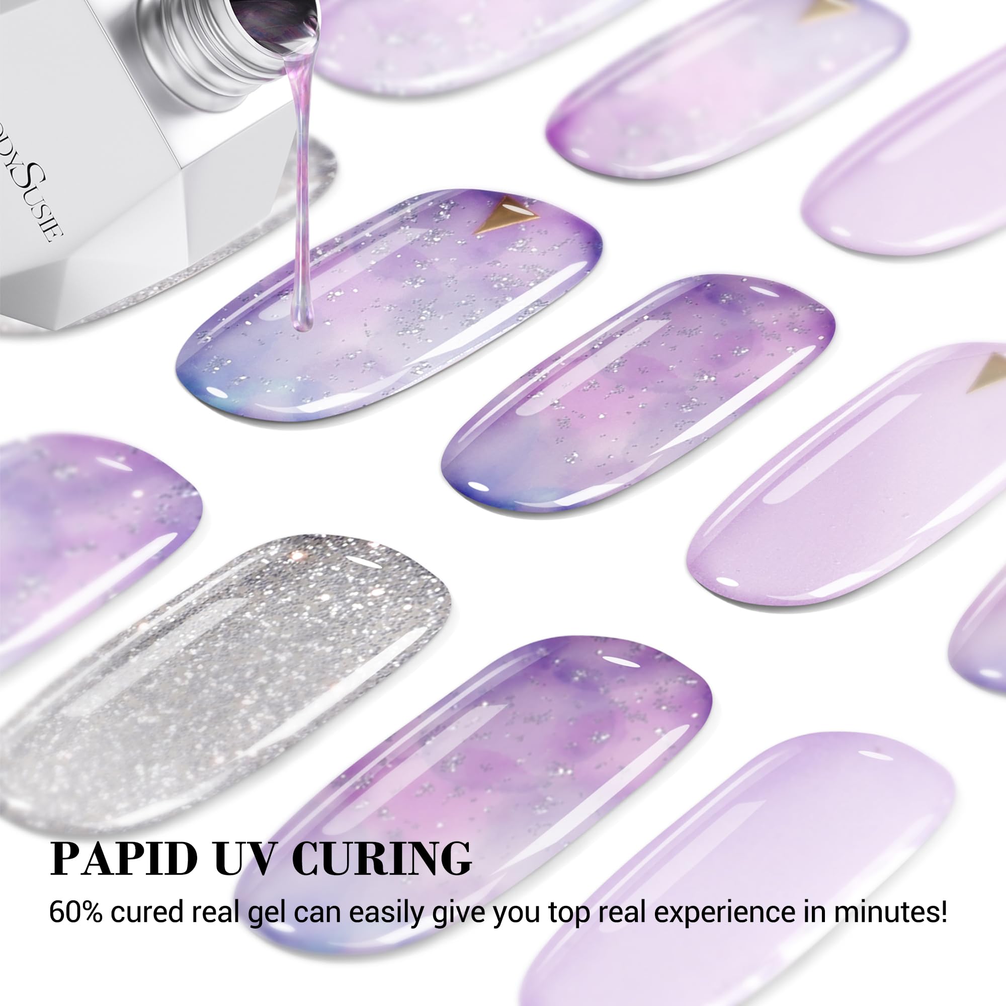 Melodysusie Semi Cured Gel Nail Strips (Dreamy Purple)-20 Pcs Gel Nail Stickers, Silver Glitter Gel Nail Wraps - Uv Light Requir