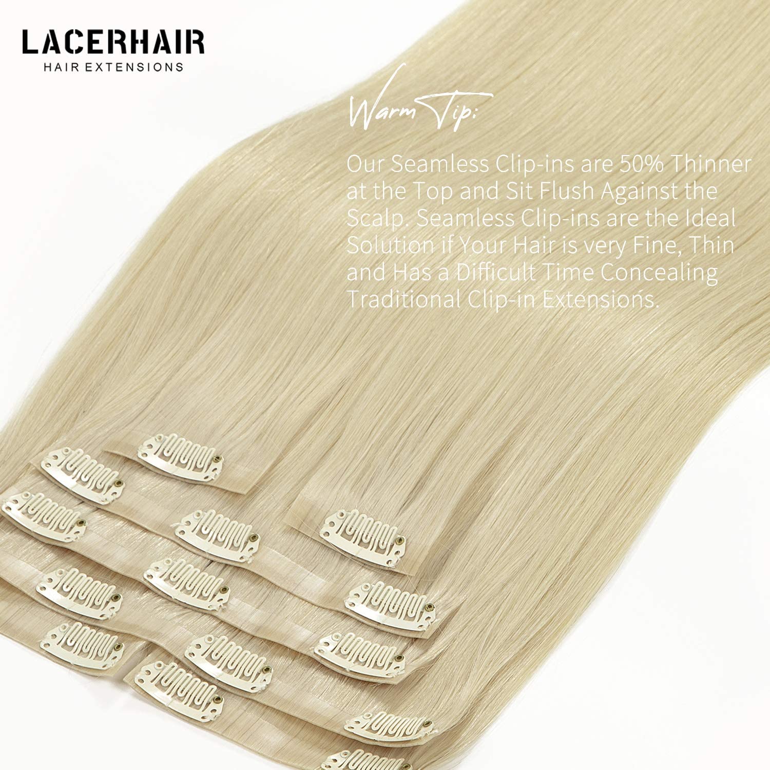 Lacer Hair Seamless Hair Extensions Clip In Human Hair 18 Inch 110G #60A Platinum Blonde Invisible Thin Soft Tape Weft Silky Str