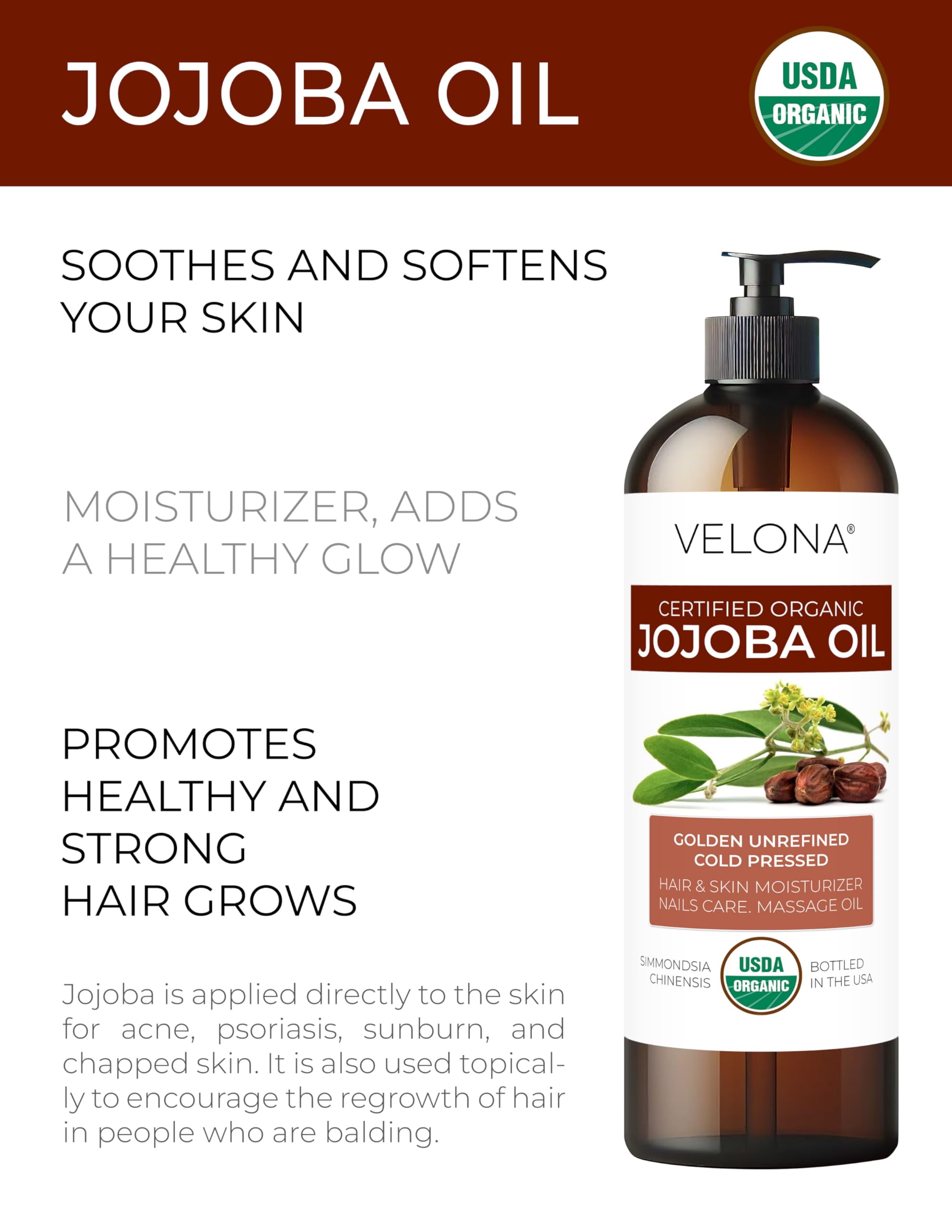 Velona Jojoba Oil Usda Certified Organic - 32 Fl Oz (With Pump) | 100% Pure And Natural Carrier Oil| Golden, Unrefined, Cold Pre