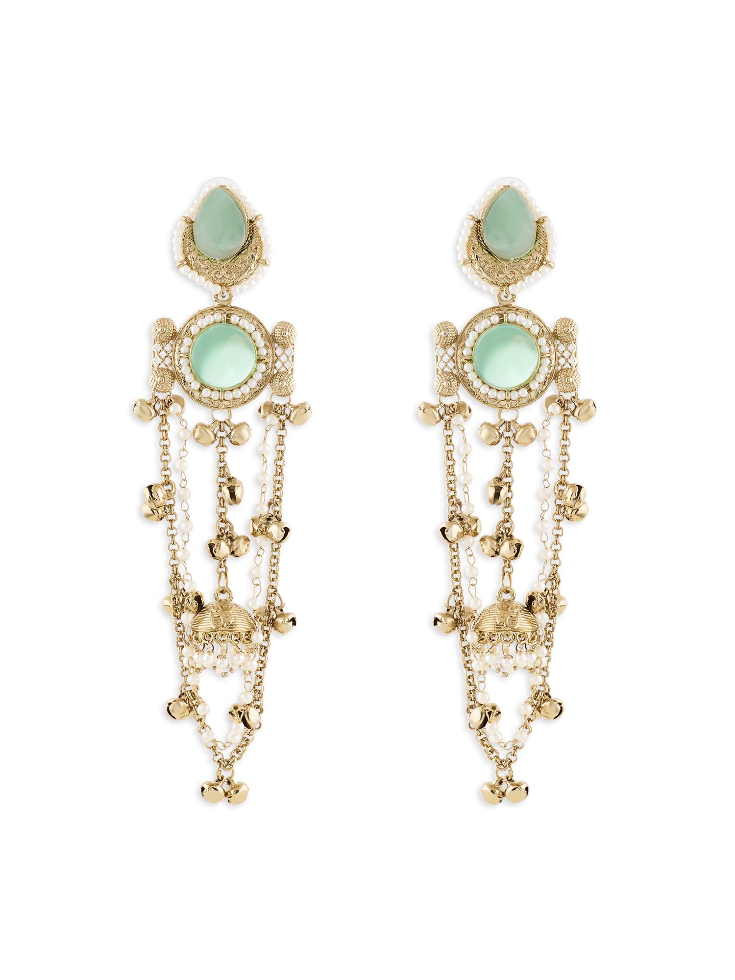 Zaveri Pearls Mint Green Stones Dangling Ghungroo Antique Plating Statement Jhumka Earring For WomenZpfk21891