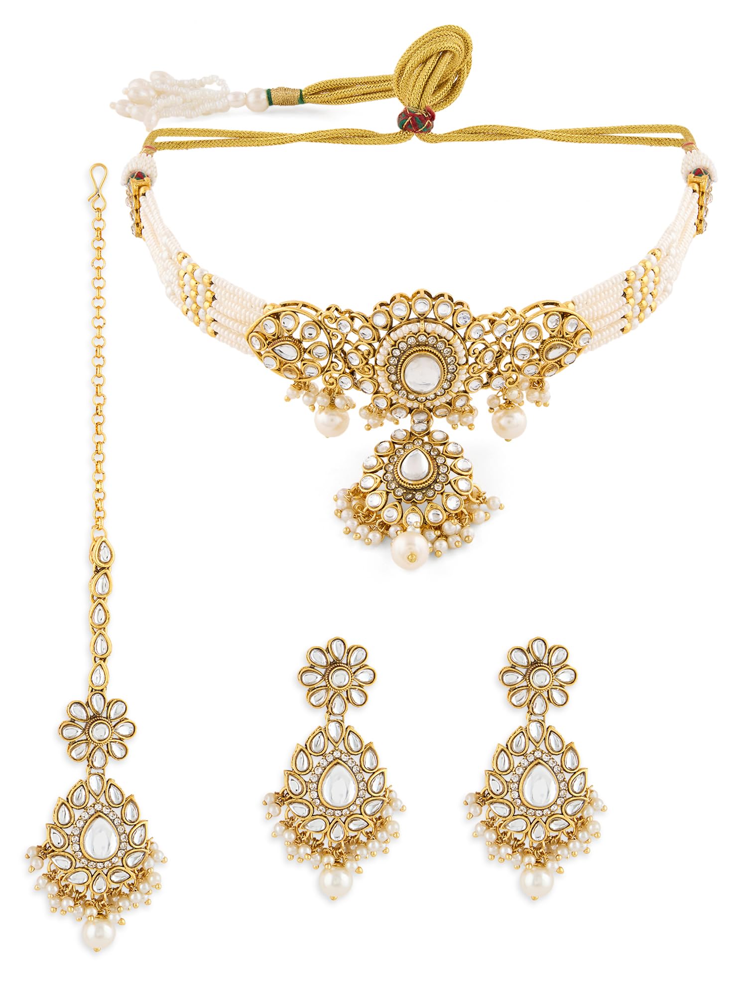 Zaveri Pearls Gold Tone Dazzling Kundan Multistrand Pearls Choker Necklace Earring & Maangtikka Set For WomenZpfk19087