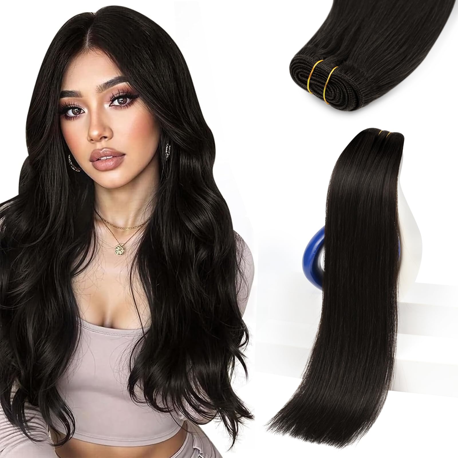 Sunny Hair Sew in Hair Extensions Real Human Hair 24 Inch Natural Black Double-Wefted Bundles Long Straight Hair Hand Tied Add L