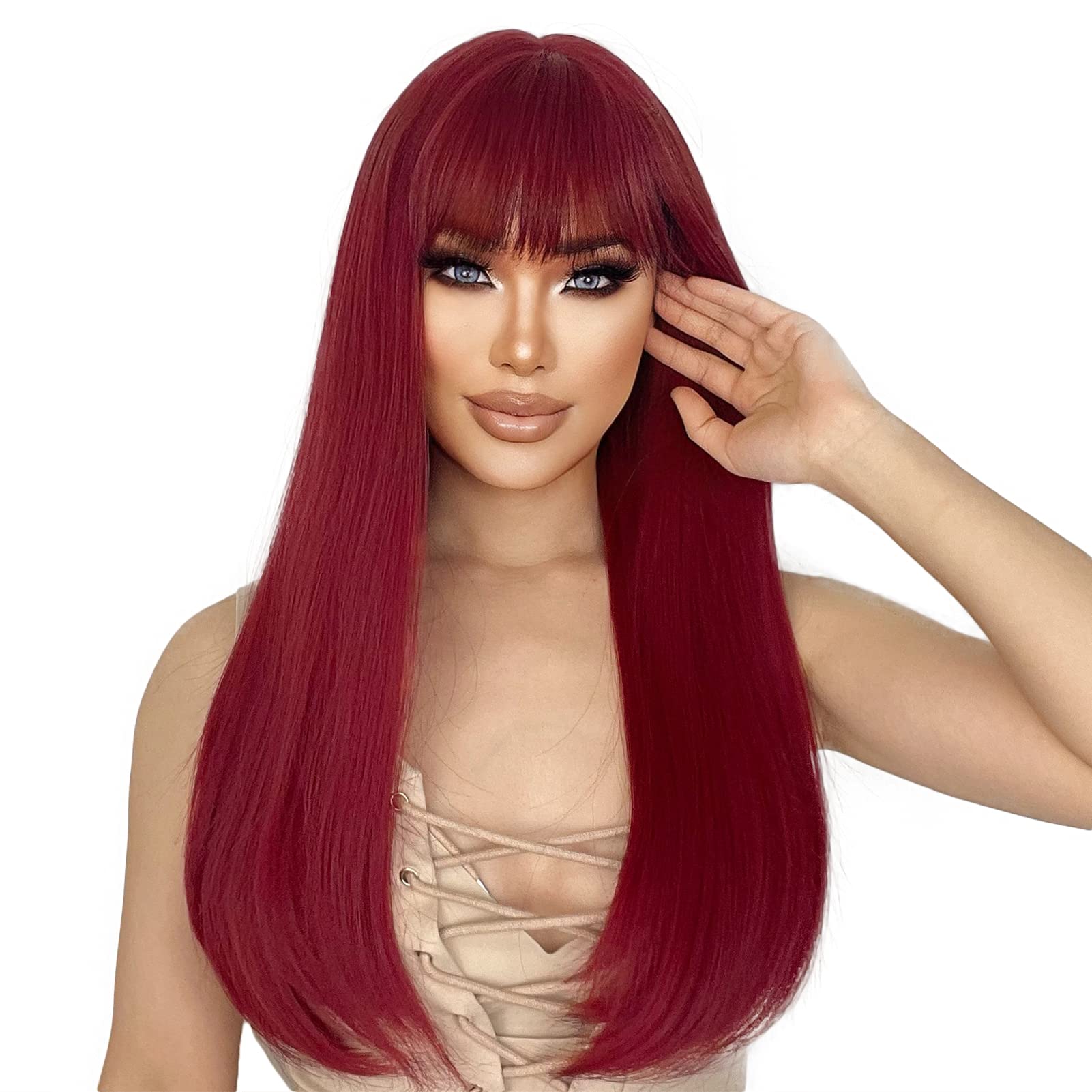 ENTRANCED STYLES Red Wigs for Women Long Straight Wig with Bangs Synthetic Burgundy Wig Colored Cosplay Wig for Girls Daily Part