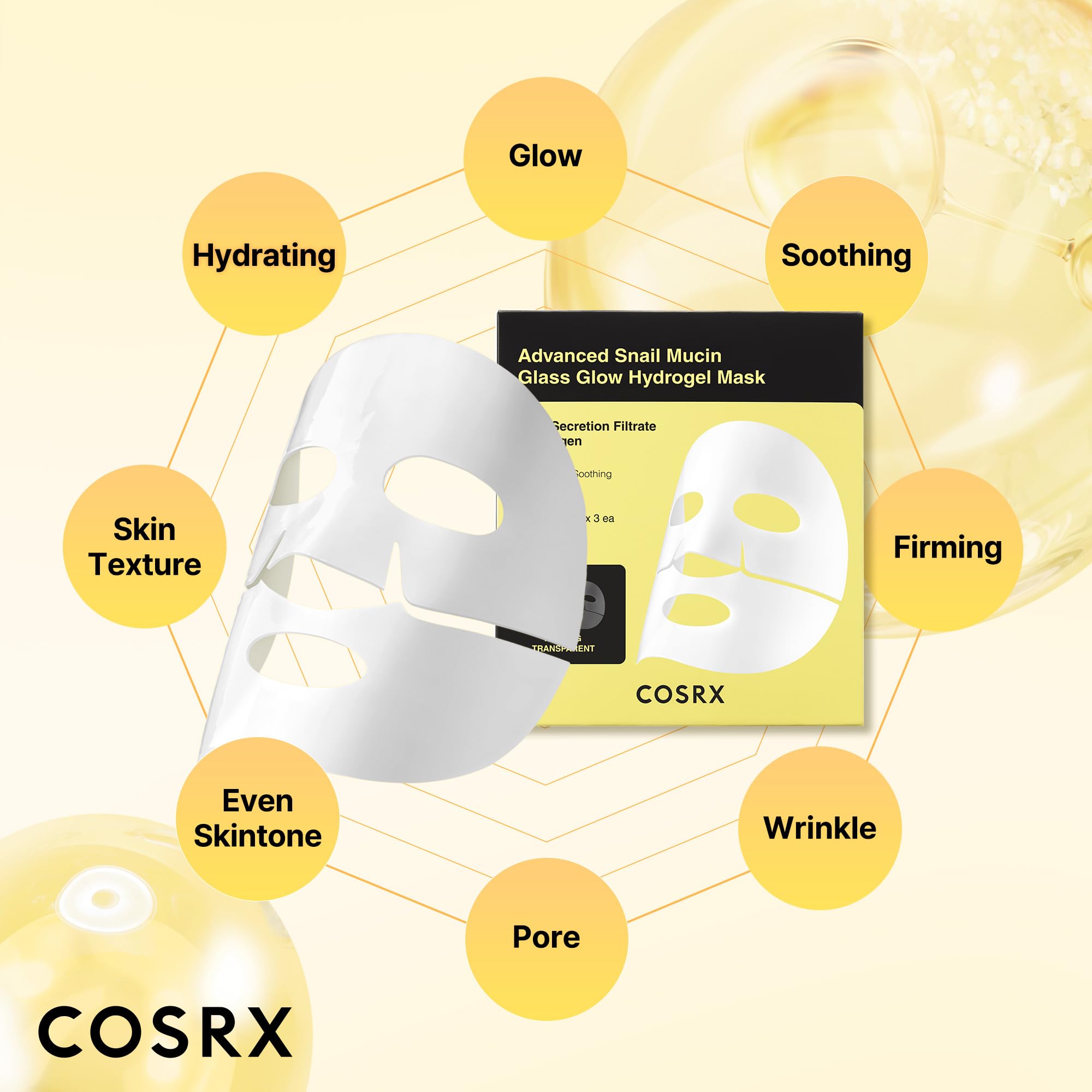 Cosrx Advanced Snail Mucin Glass Glow Hydrogel Face Masks Skincare 3 Ea, Collagen Face Mask, Travel Essentials, Stocking Stuffer