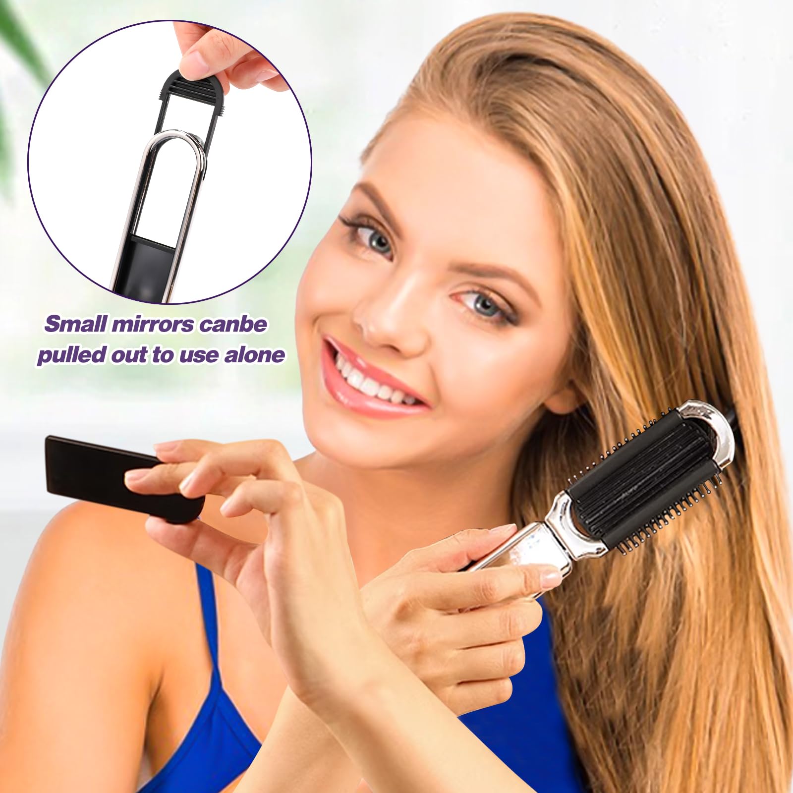 2 Pack Folding Travel Hair Brush For Women And Men, Small Portable Hairbrush With Mirror Mini Collapsible Pocket Size Brush Comp