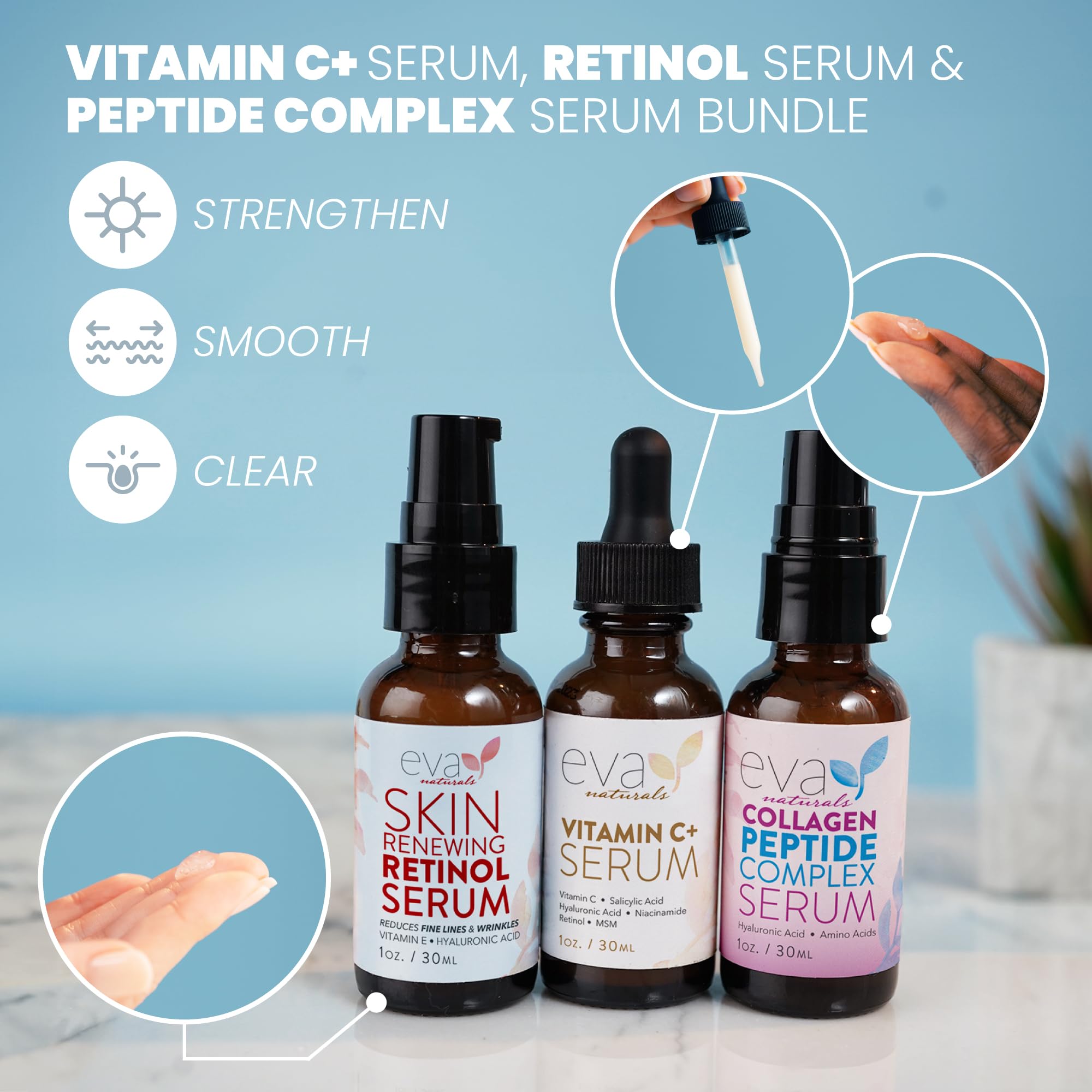 Eva Naturals Trifecta Face Serum Set - Retinol, Vitamin C & Peptides with Hyaluronic Acid & Niacinamide - Anti-Aging Skincare Bu