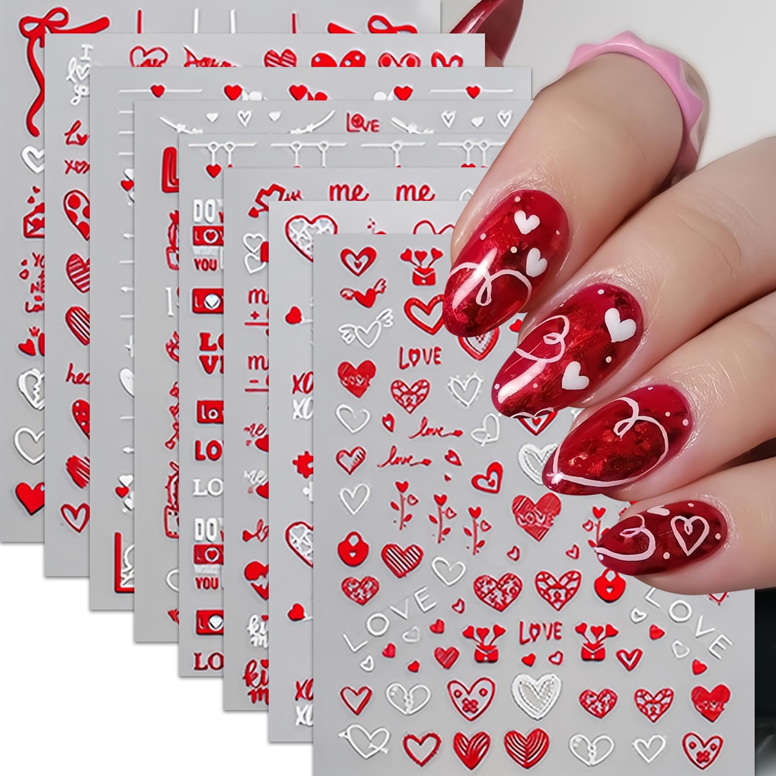 8Pcs Valentines Day Nail Art Stickers Decal Red Heart Nail Sticker 3D Self-Adhesive Red White Love Heart Letter Nail Design Vale