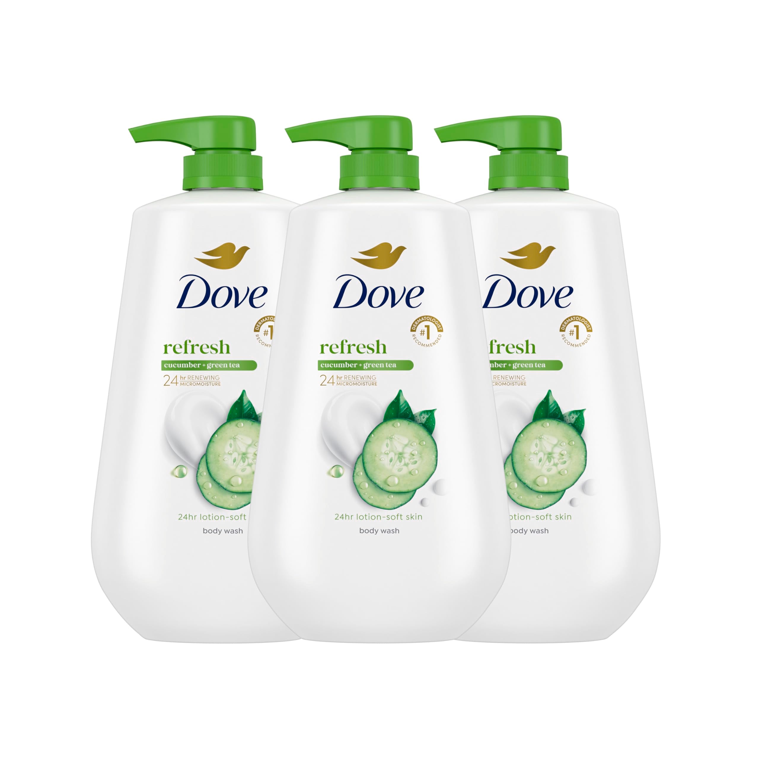 Dove Body Wash with Pump 3 Count Refresh Cucumber and Green Tea for 24hr Lotion-Soft Skin Moisturizing Skin Cleanser with No Sul