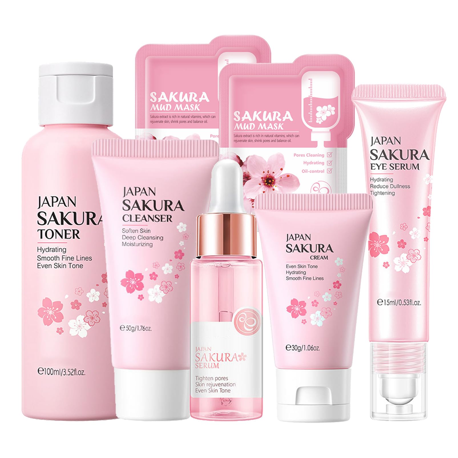 Skin Care Set Sakura Women Beauty Gift Sets Korean Skin Care Kit- Cleanser,Serum,Face Cream,Toner,Eye Cream,Mud Mask-Skin Care R