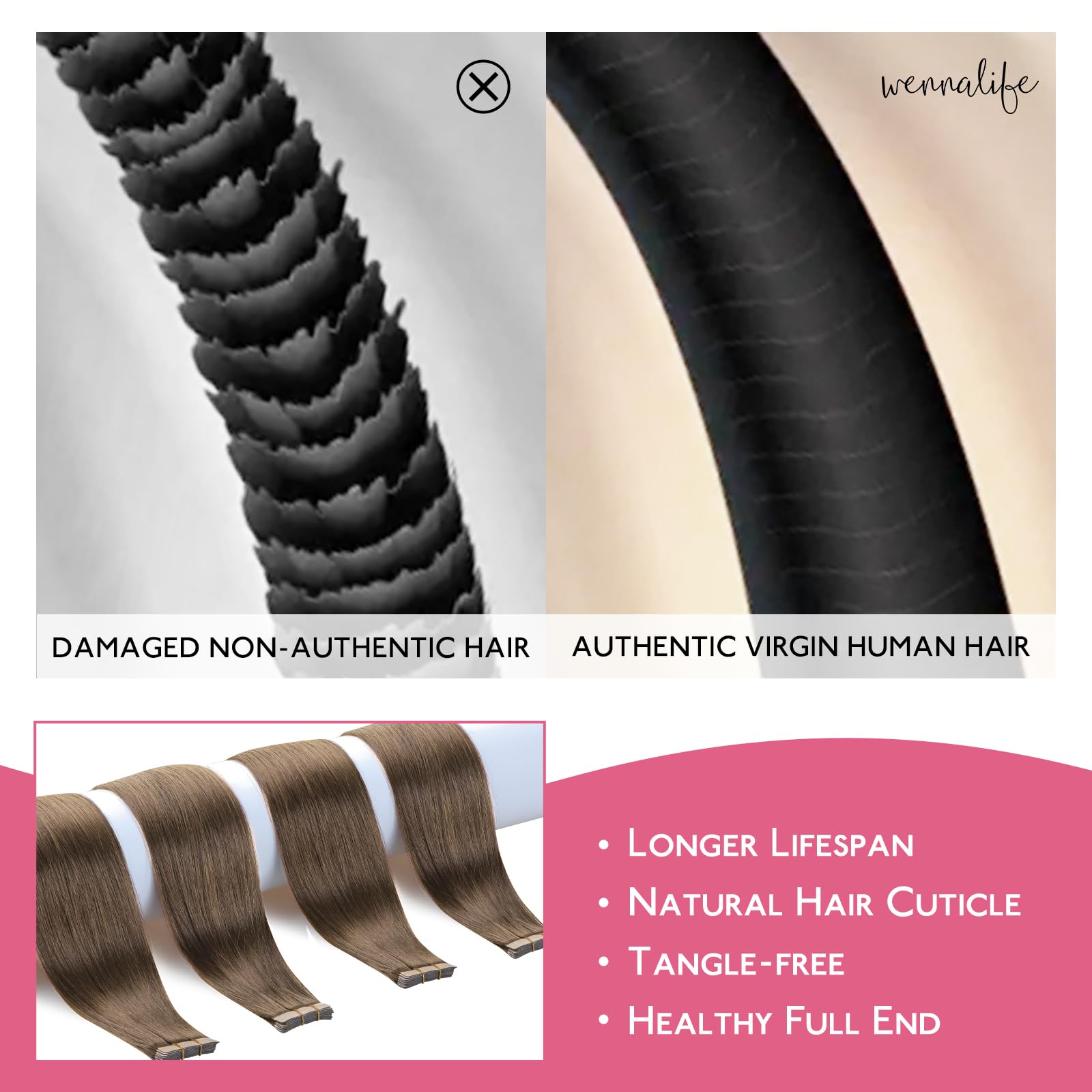 Wennalife Tape In Hair Extensions Human Hair Light Ash Brown Tape In Extensions, 10Pcs 25G 18 Inch Remy Invisible Tape Ins Strai