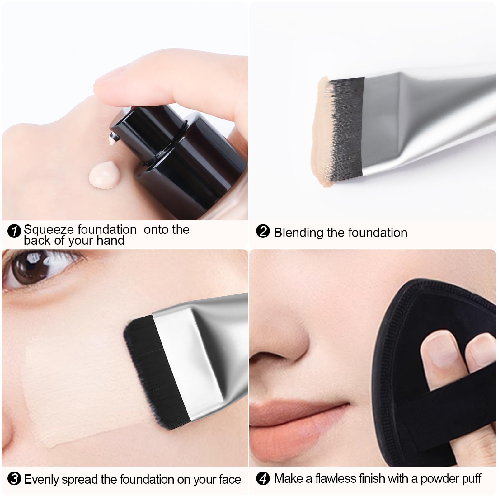 BEAUTYFACTOR Flat Foundation Brush - Premium Synthetic Fibers, Silver, Perfect for Liquid Foundation and Cream Blending