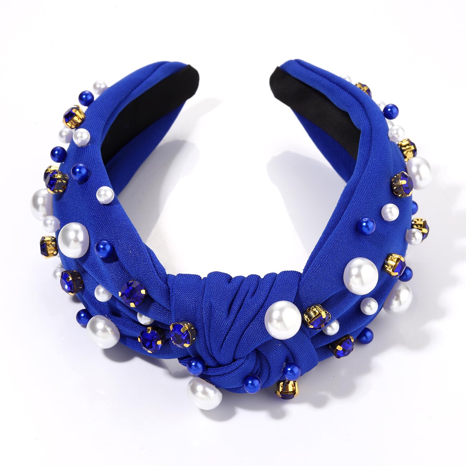Glbcc Pearl Knotted Headband, Blue, Football Game Day Hairband With Rhinestone Embellishment, Wide Headband For Women, Sports Ha