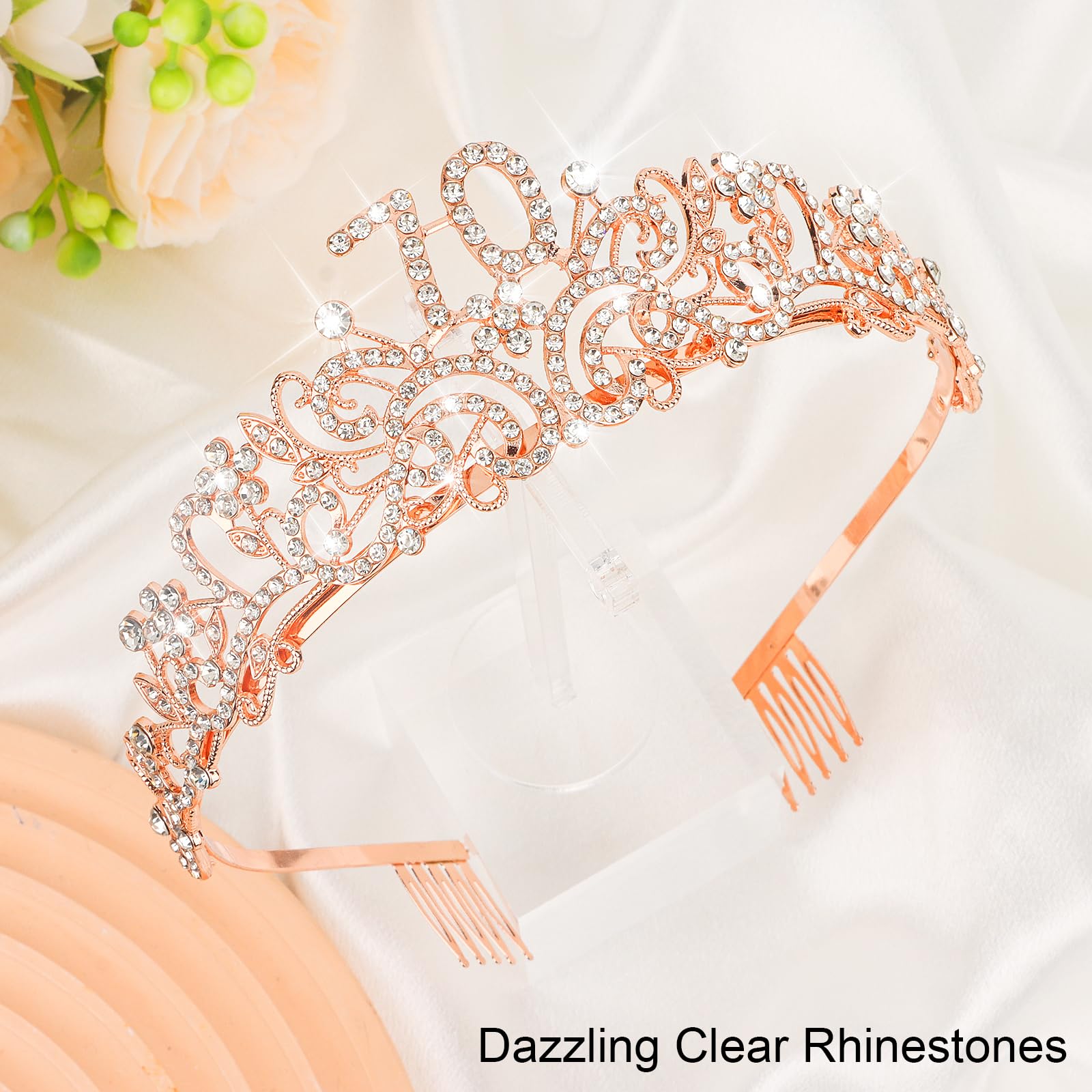 CIEHER 70th Birthday Crown, Sash & Pearl Pin Set - Elegant Decorations and Gifts for Women's 70 & Fabulous Birthday Party