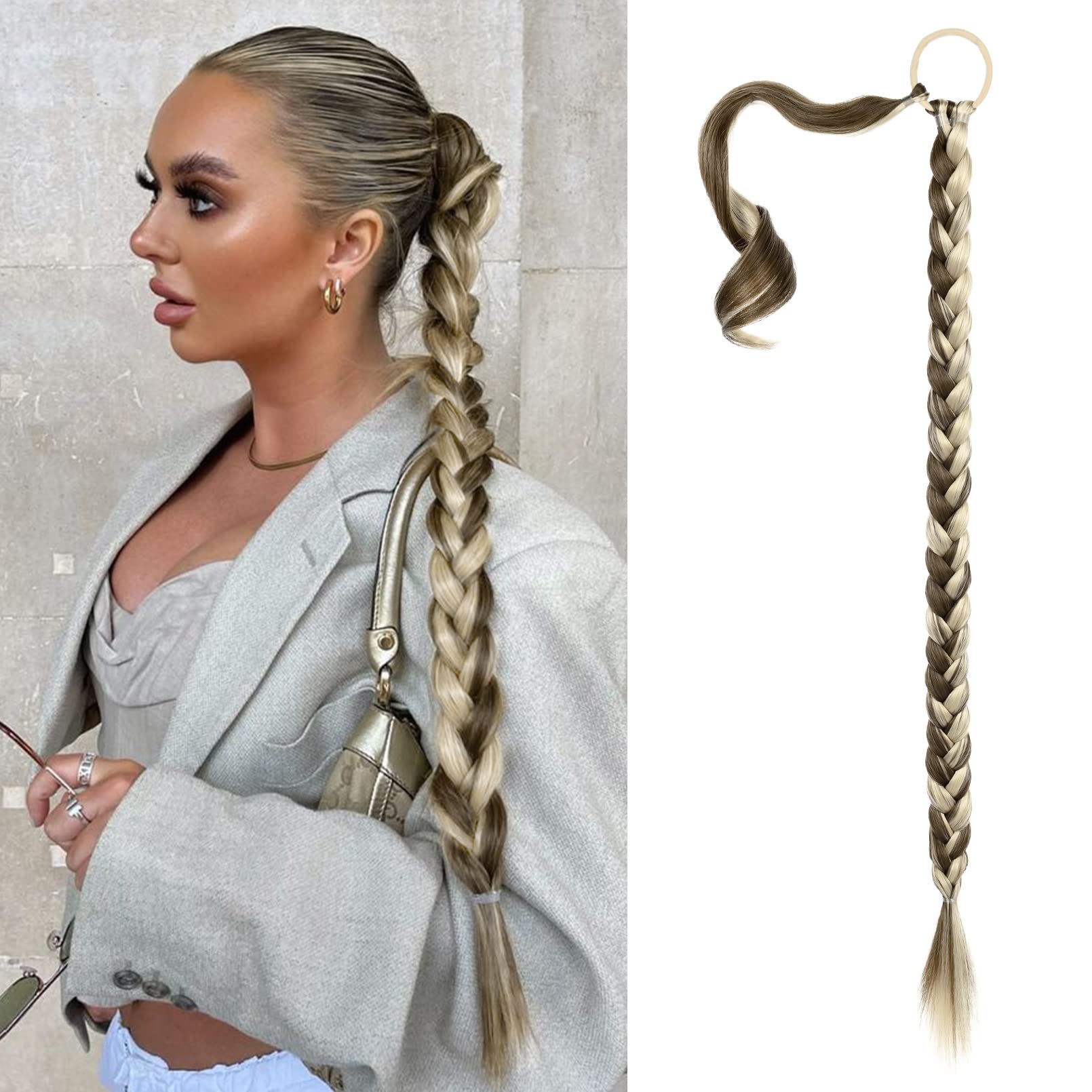 SEIKEA Long DIY Braided Ponytail Extension with Hair Tie Straight Wrap Around Hair Extensions Ponytail Natural Soft Hairpiece Li