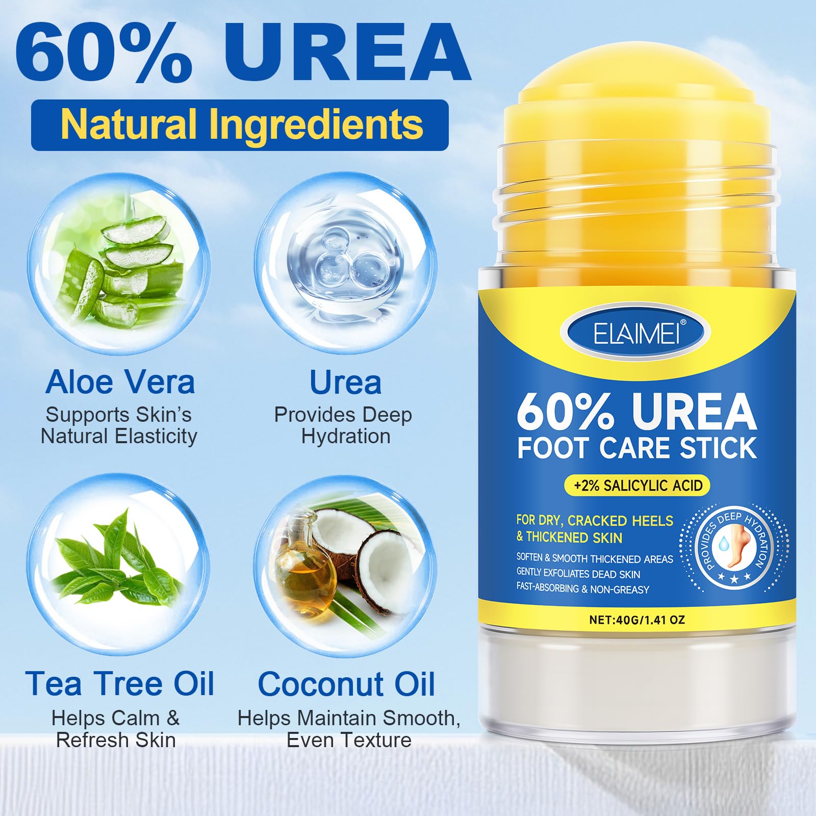 Bieyoc 60% Urea Cream with 2% Salicylic Acid, Urea Foot Cream Stick for Cracked Heels, Calluses and Rough Skin, Portable Foot Ba