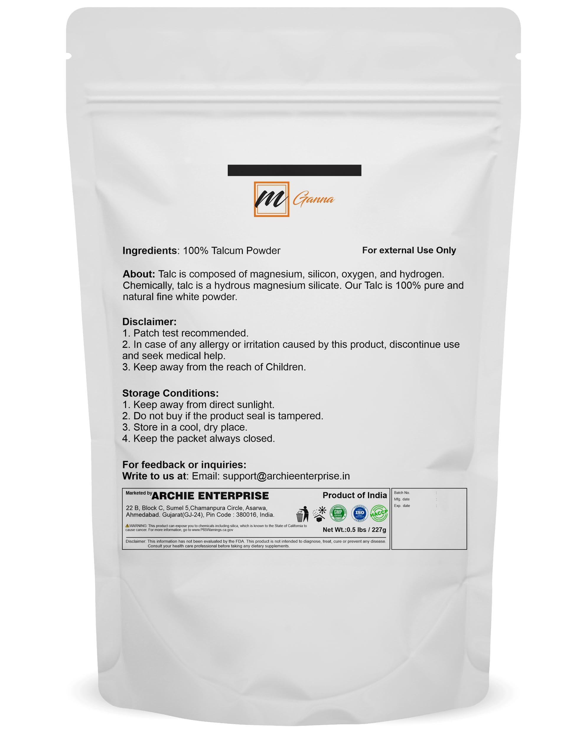 Mganna 100% Natural Talc Powder For Facial Make-Up, Absorption, Lubrication, And Multi-Purpose 0.5 Lbs / 227 Gms