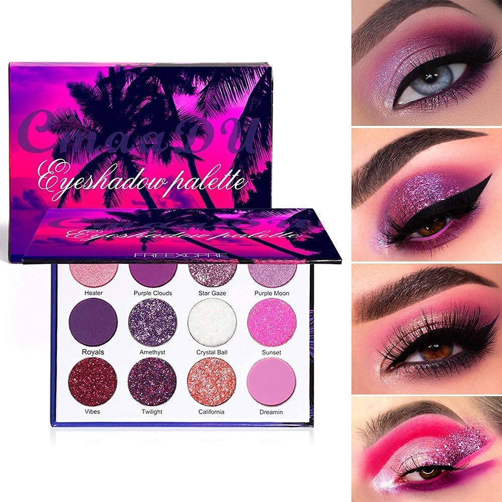 Yeweian Purple Pink Glitter Eyeshadow Palette, 12 Colors Shimmer High Pigmented Eyeshadow Powder,Dream Purple Pink Eyeshadow Pal