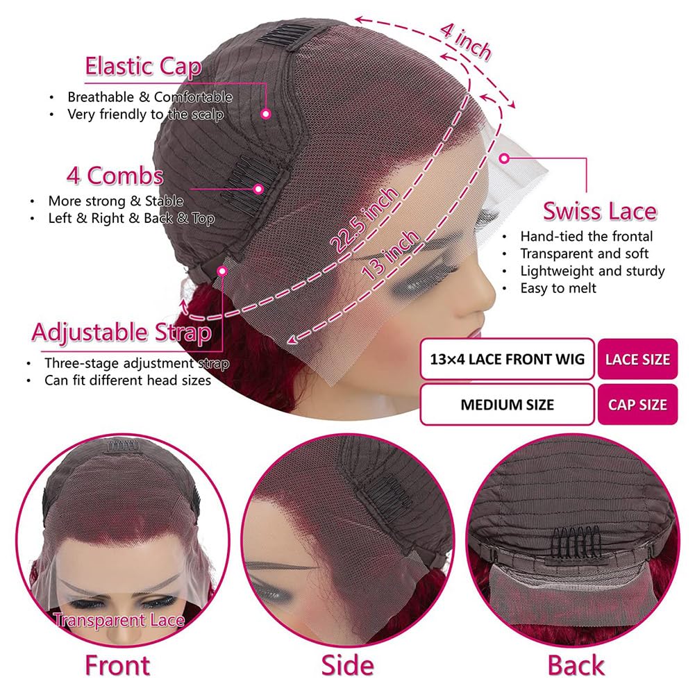 Burgundy Lace Front Wigs Human Hair 180% Density 13X4 Water Curly Lace Front Wigs Human Hair Pre Plucked Glueless Wigs Human Hai