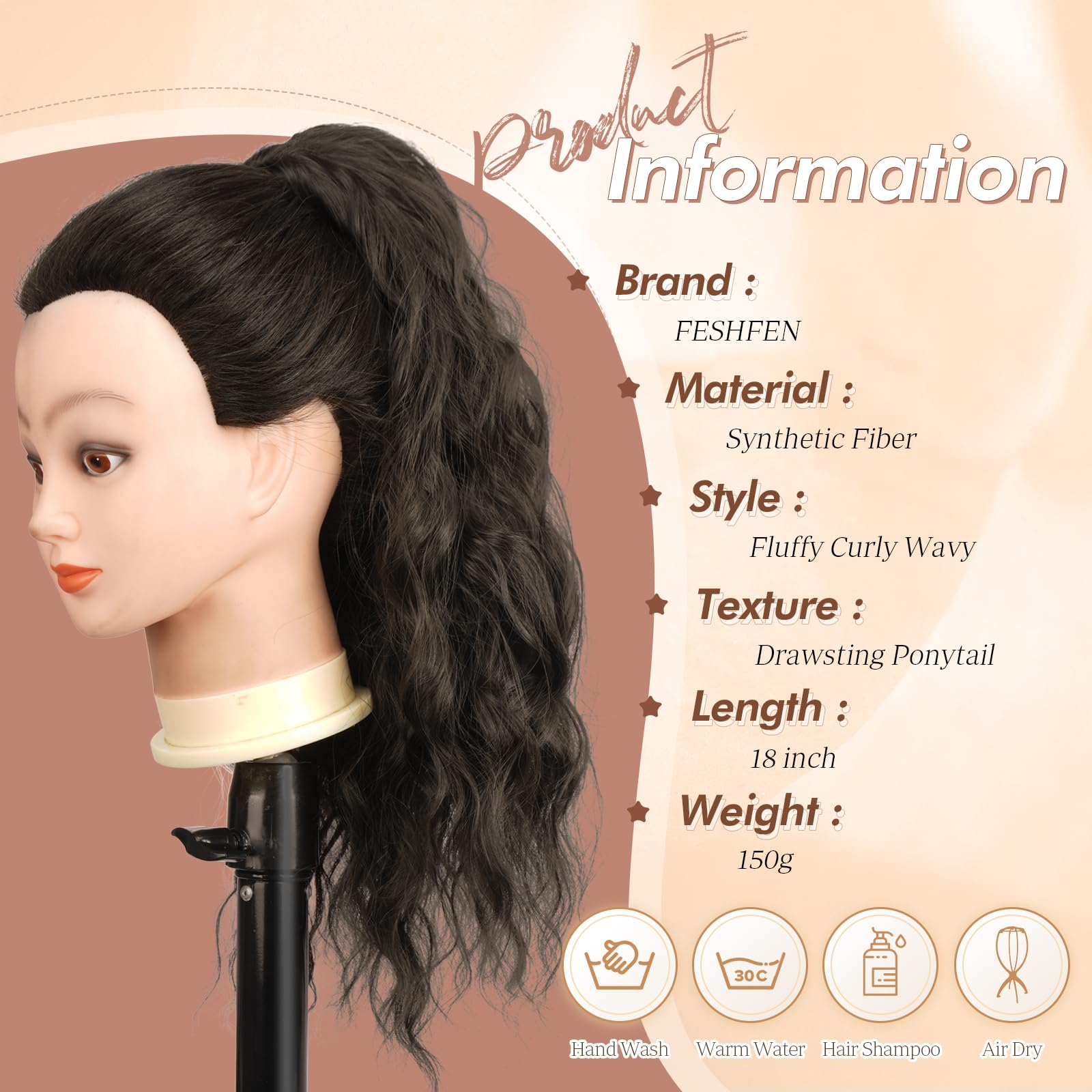 FESHFEN Ponytail Extensions, Long Curly Wavy Drawstring Ponytails Fluffy Clip in Pony Tail Hair Piece Synthetic Hairpieces for W