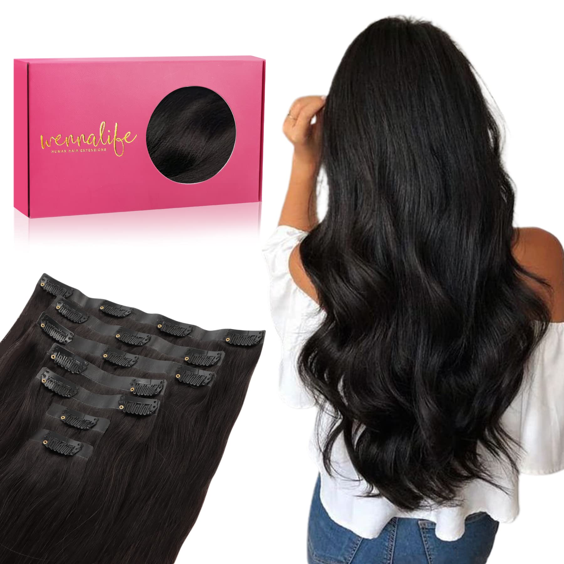 Wennalife Seamless Clip In Hair Extensions, 22 Inch 150G 7Pcs Natural Black Hair Extensions Clip In Human Hair Invisible Pu Skin