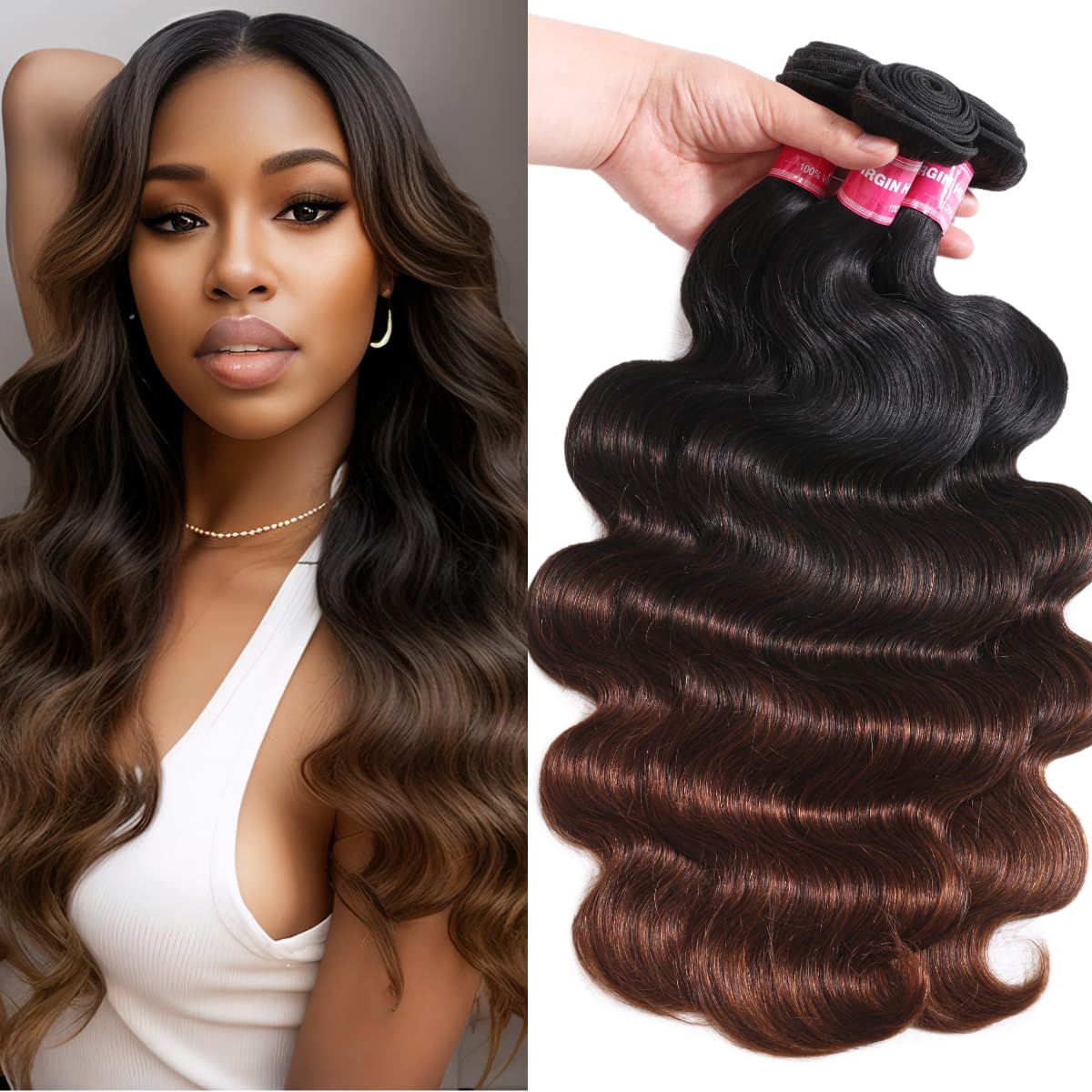 UNICE Chestnut Brown Ombre Body Wave Human Hair Weave 3 Bundles 20 22 24 inch Brazilian Remy Human Hair Wavy Sew in Human Hair E