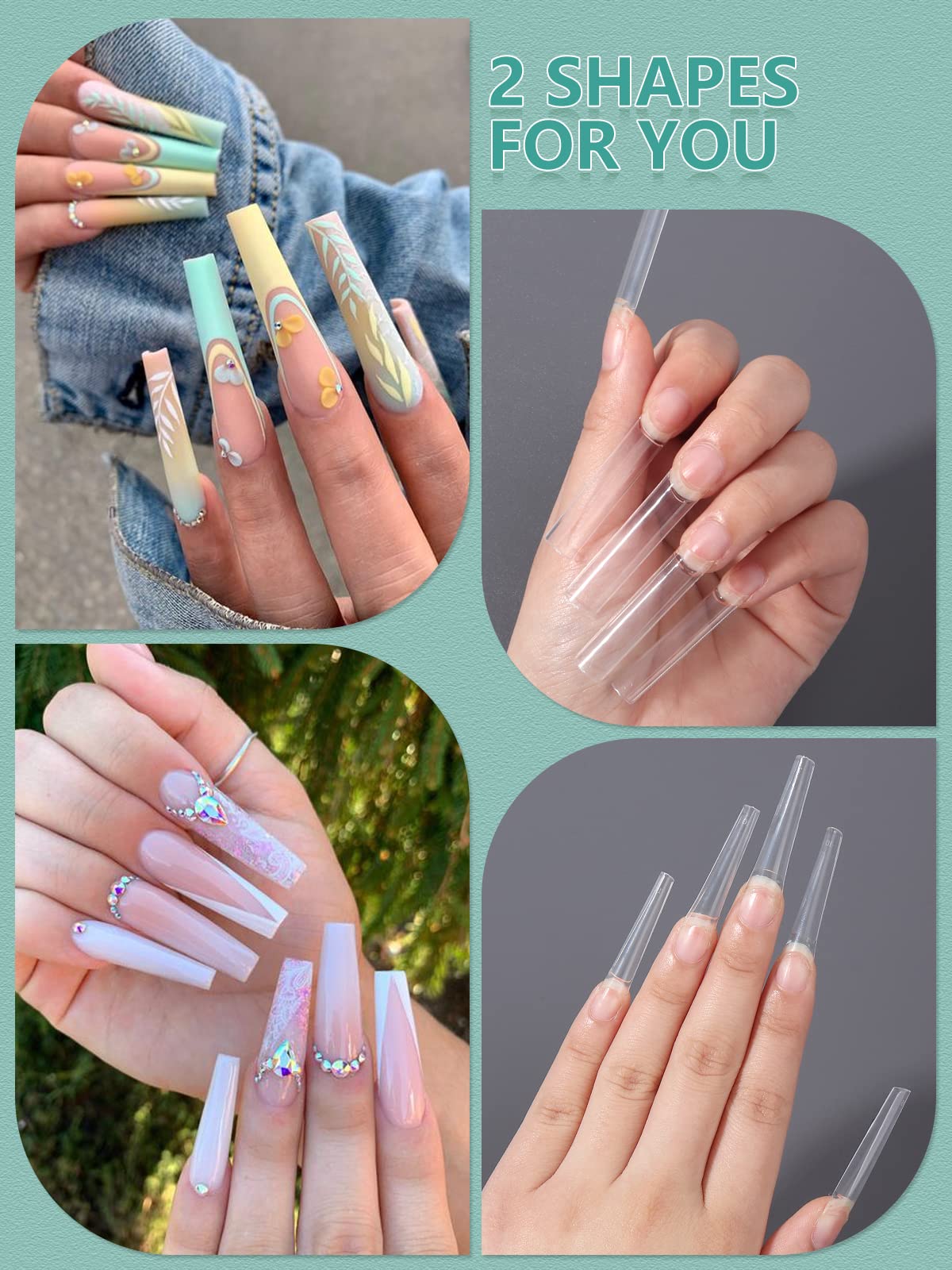 480Pcs Xl Long Clear Nail Tips, 240Pcs Coffin Nails Tips With 240Pcs No C Curve Square Nail Tips For Acrylic Nails Professional,