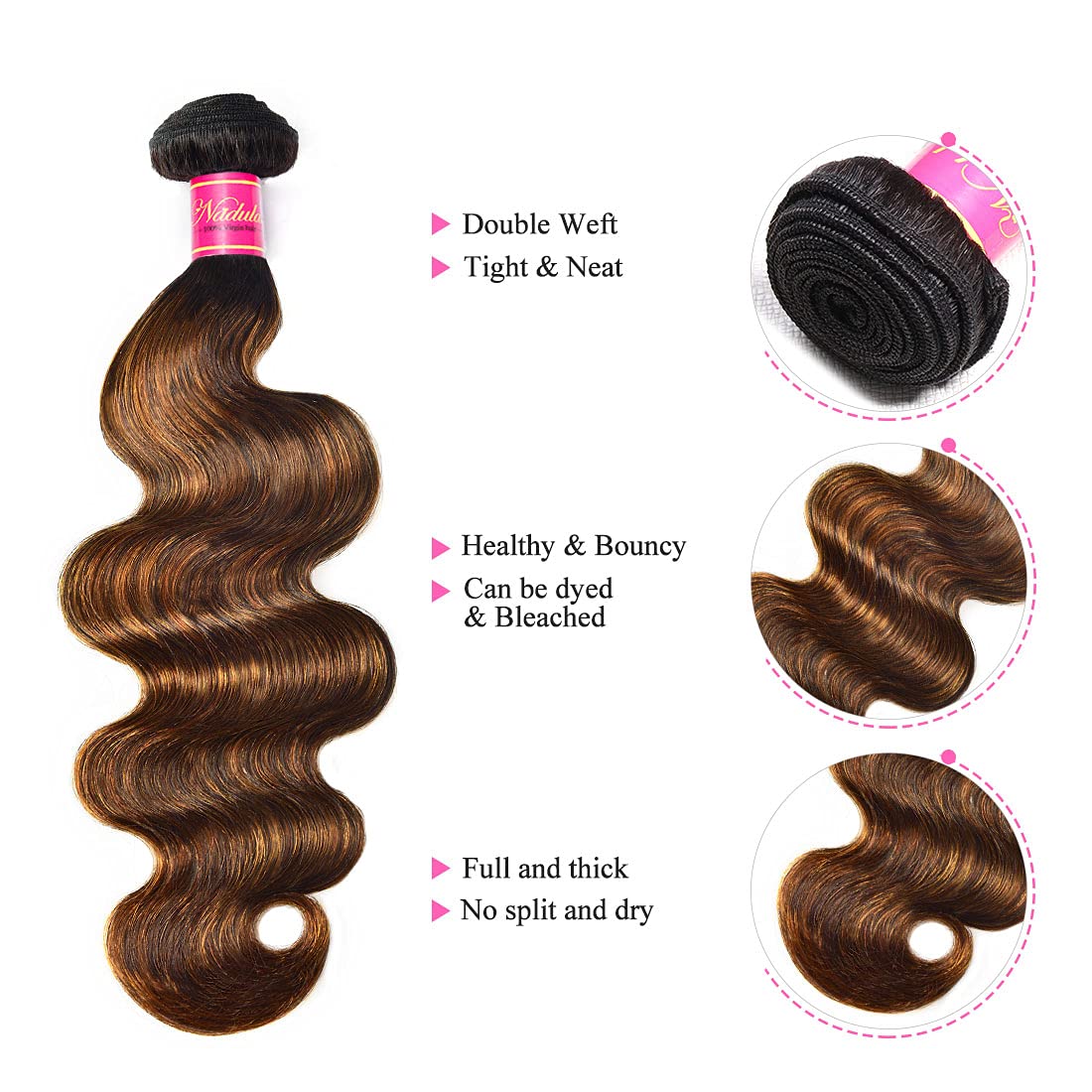 Nadula Hair 12A Brown Balayage Ombre Body Wave Human Hair Weave 3 Bundles, Brazilian Highlight Remy Hair Chocolate Brown Human H