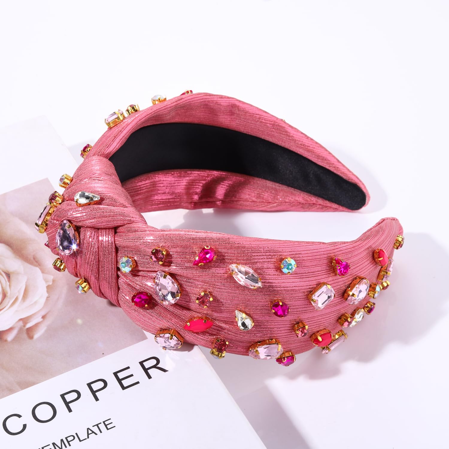 HEIDKRUEGER Crystal Knotted Headband Rose Red Beads Embellished Headband for Women Girls Sweet Fashion Hair Hoop Accessories (Pi
