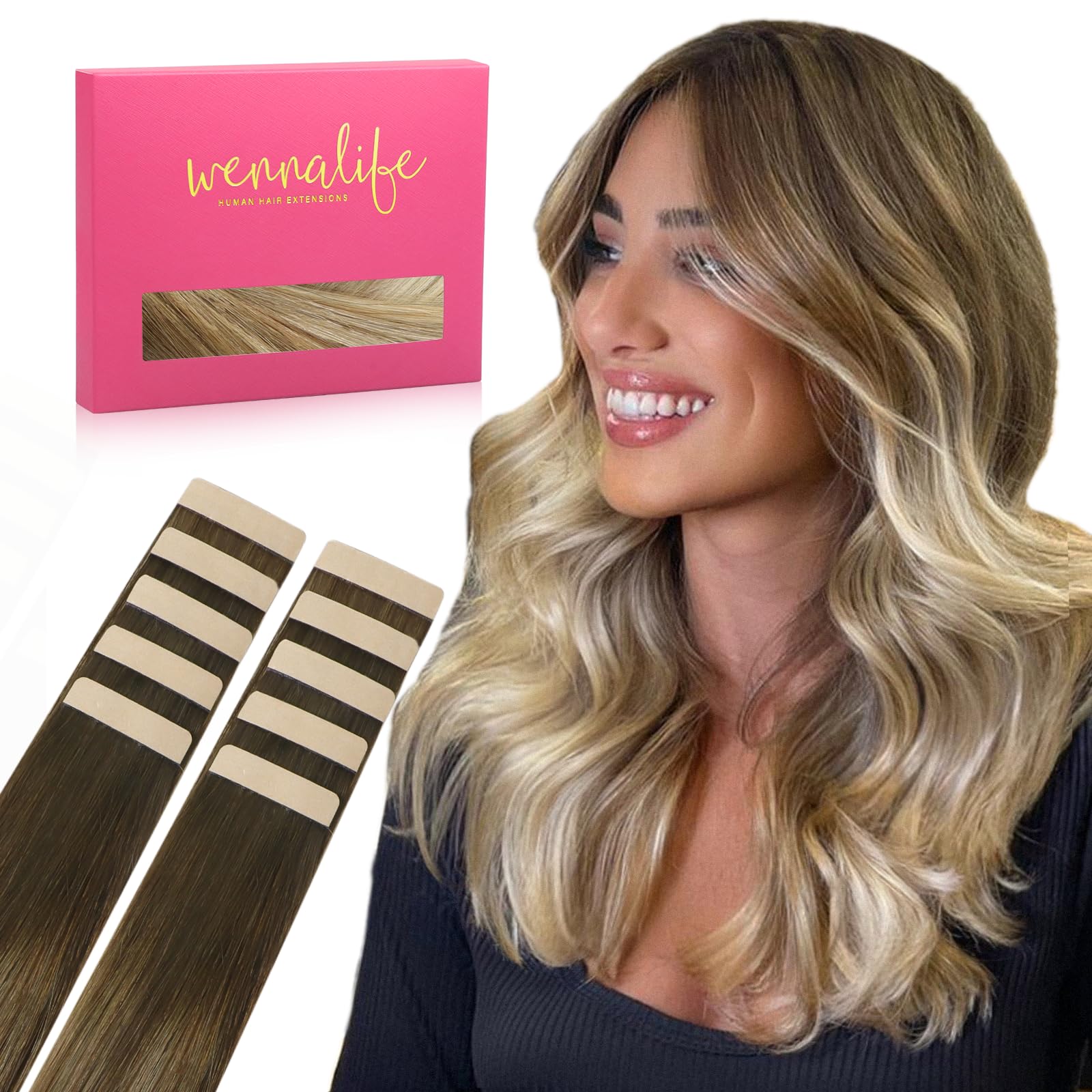 Wennalife Tape In Hair Extensions Human Hair Ombre Walnut Brown To Ash Brown And Bleach Blonde Tape In Extensions, 10Pcs 25G 18