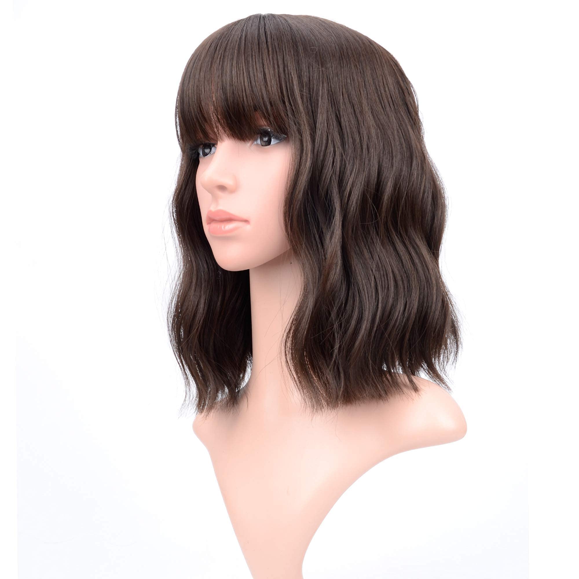 VCKOVCKO Short Bob Wigs Natural Brown Wavy Wig With Air Bangs Women's Shoulder Length Wigs Curly Wavy Synthetic Cosplay Wig Past
