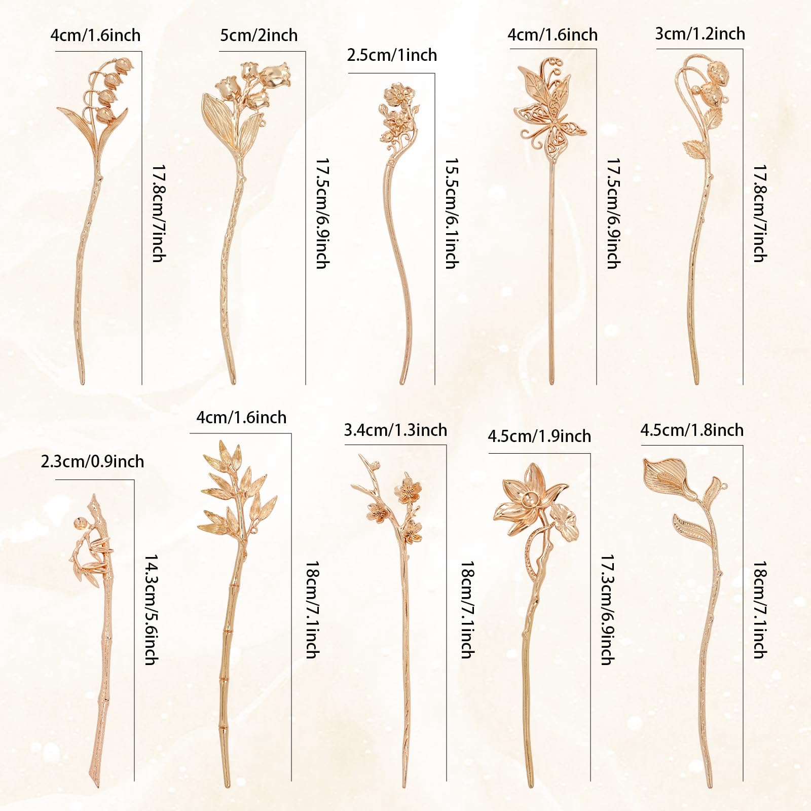 Lawie 10 Pack Gold Hair Sticks Flower Leaf Decorative Metal Long Hair Pins Bun Holders Chopsticks For Hair Chinese Hanfu Costume