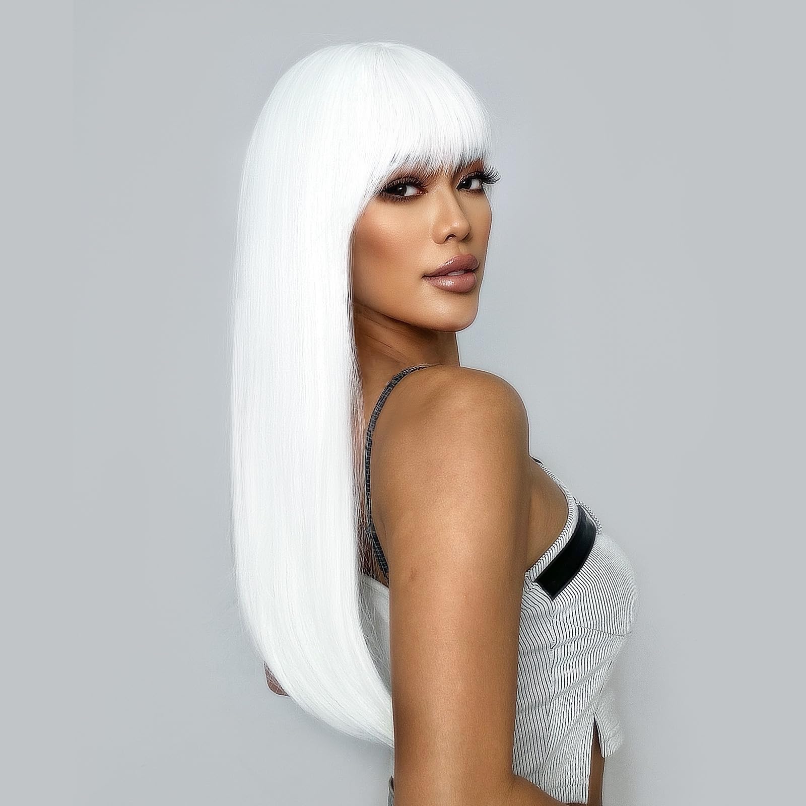 Sukri White Wig With Bangs Long Straight White Wigs For Women Synthetic Heat Resistant Wig Natural Looking Hair Wig For Hallowee