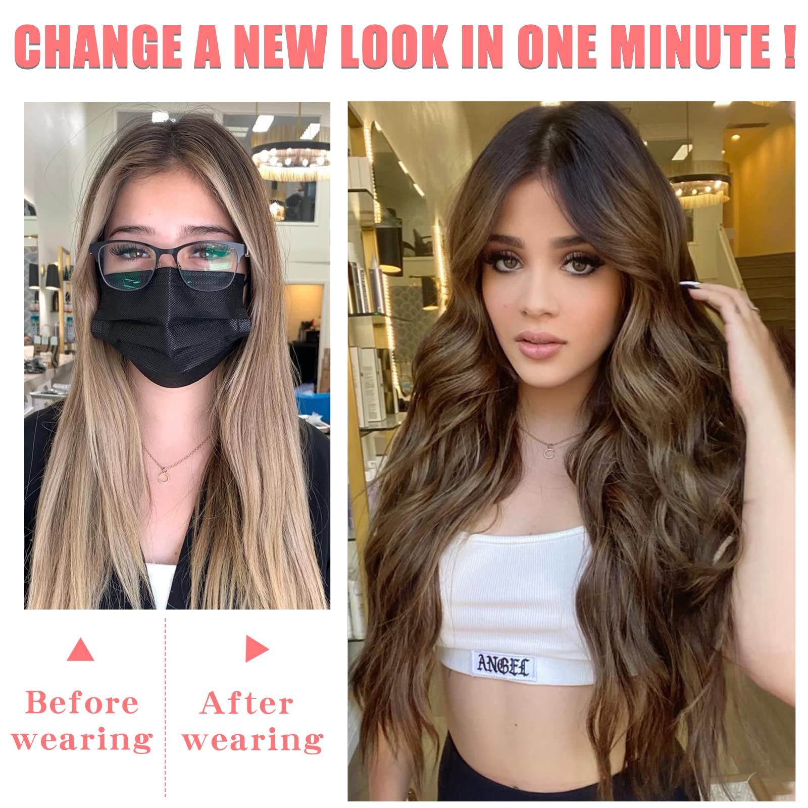 AISI QUEENS Long Brown Wavy Wigs for Women, Ombre Brown Curly Wig Middle Part Hair Replacement Wigs Synthetic Heat Resistant Fib