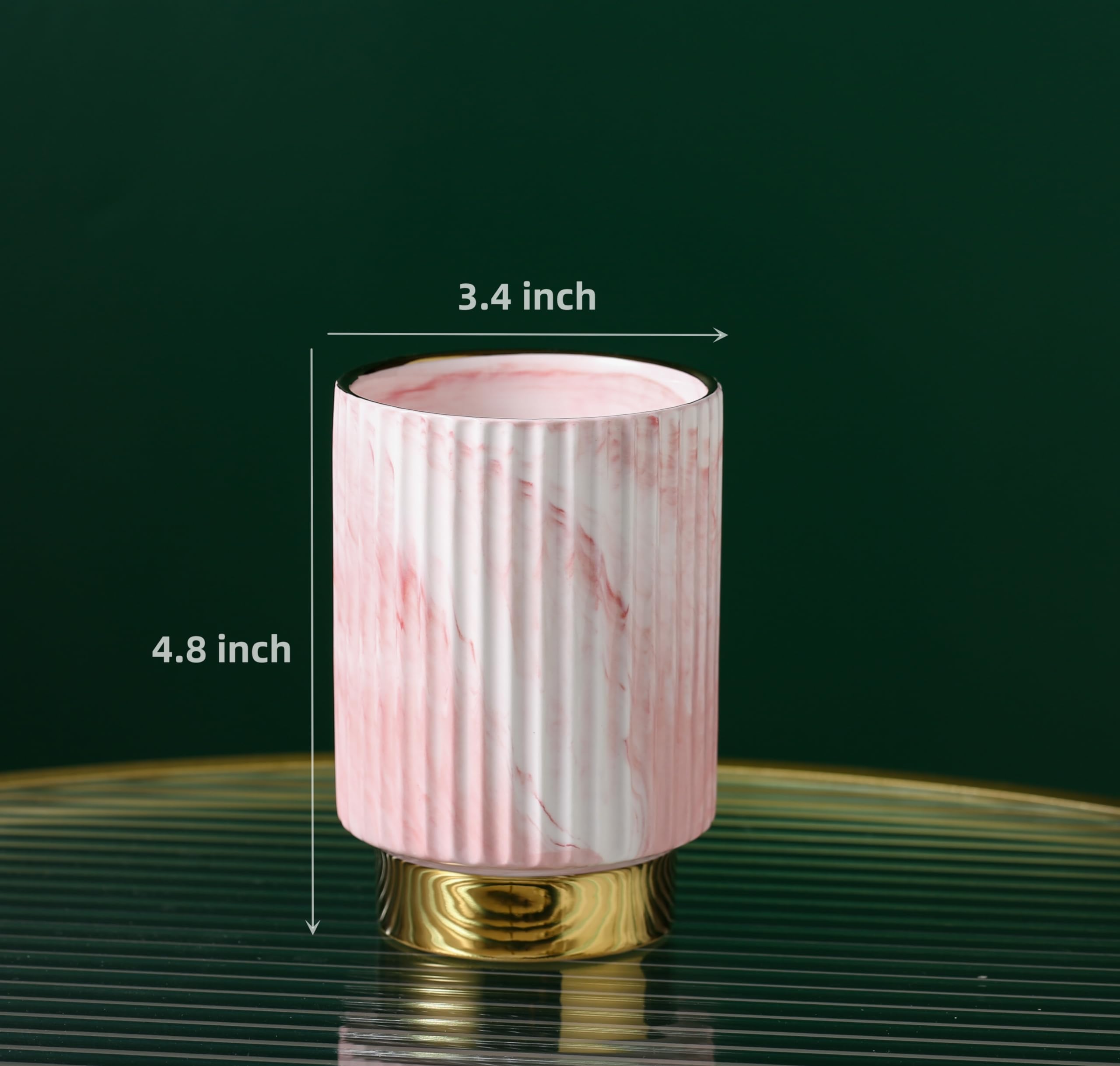Ieek Pink And Gold Makeup Brush Holder Organizer,Glass Cosmetics Brushes Cup Eyebrow Pencil Pen Container,European Style Striped