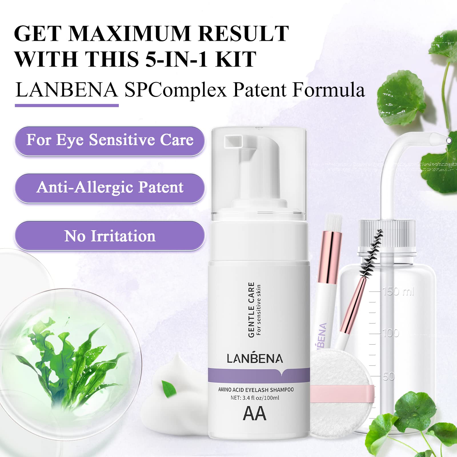 Lanbena Lash Shampoo Kit For Lash Extensions 100Ml, Eyelash Extension Cleanser, Amino Acid Lash Wash Soap Mousse Bath For Sensit