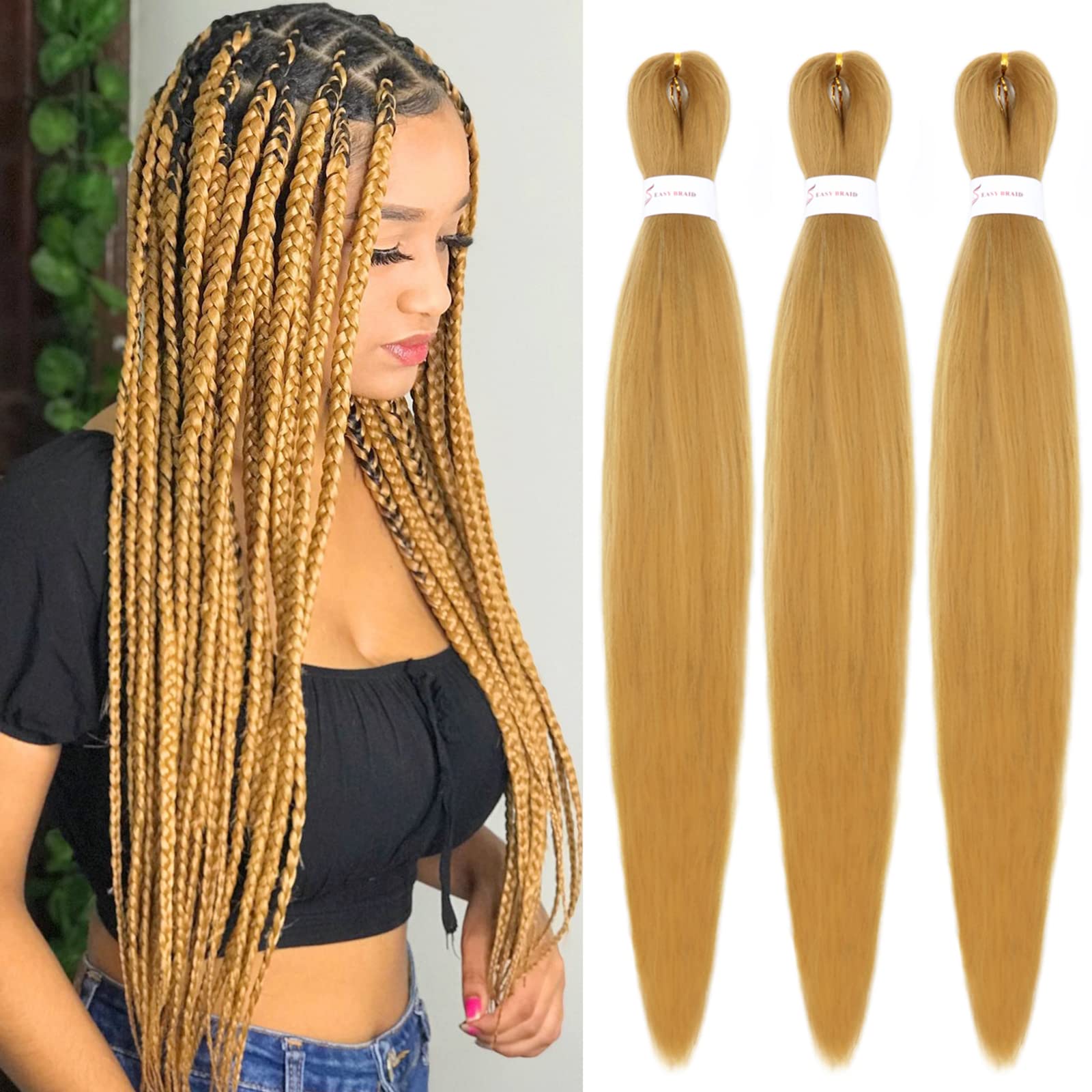 Iximii 27# Pre Stretched Braiding Hair 26 Inch 3 Packs Pre-Stretched Kanekalon Hair Soft Long Straight Braids Honey Blonde Color