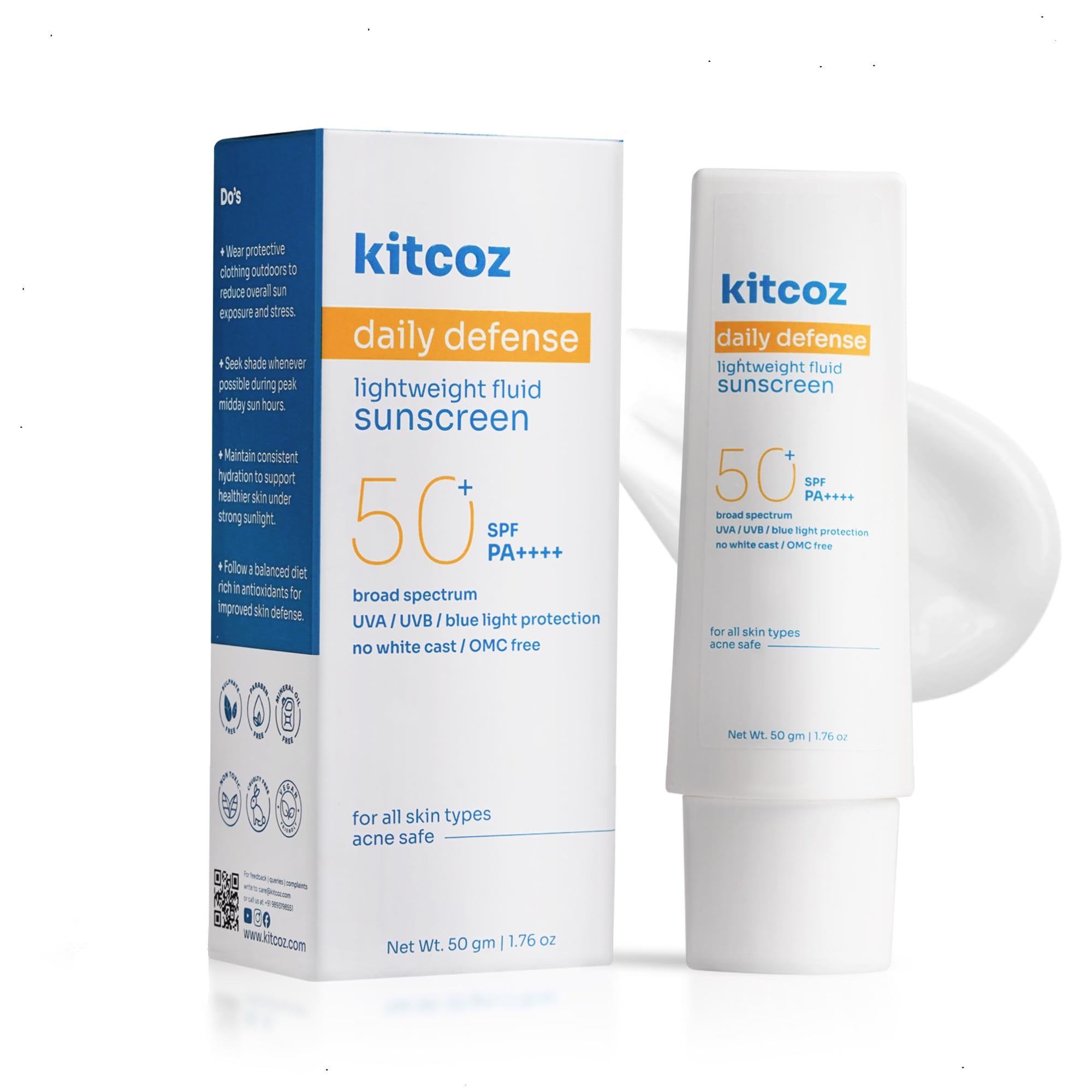Kitcoz Fluid Sunscreen SPF 50+ PA++++ with Niacinamide, Vitamin E & B5 for All Skin Types | UVA/UVB & Blue Light Protection | Ul