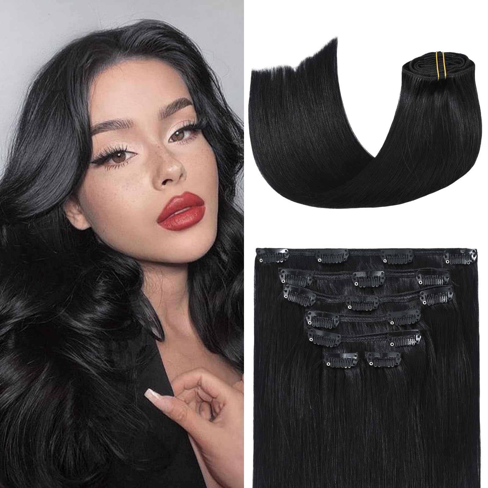 Aison Jet Black Clip in Hair Extensions Real Human Hair 85G 100% Remy Human Hair Clip in Extensions 7pcs 16clips 18 Inch Hair Ex