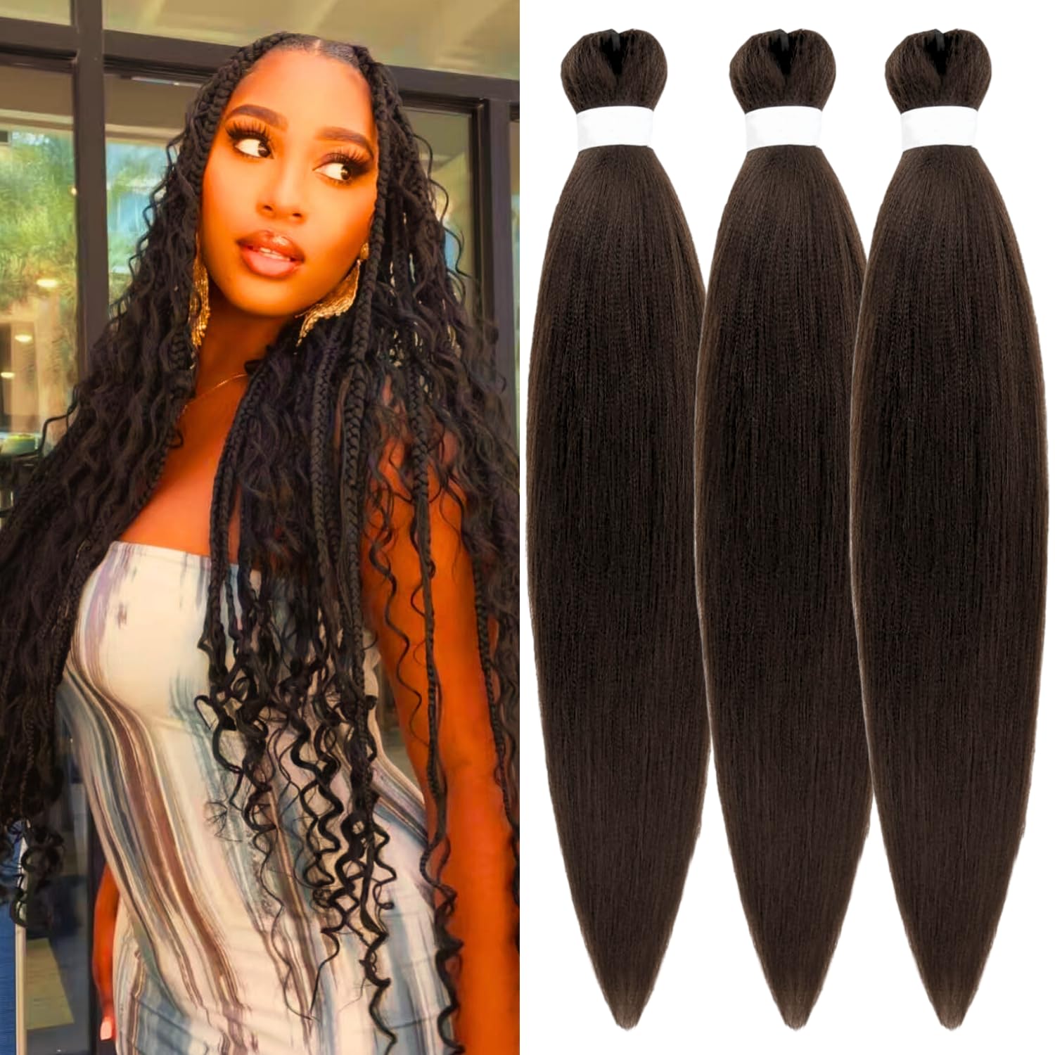 Dark Brown Pre-stretched Braiding Hair hypoallergenic ez braid Color 4 pre stretched braiding hair Extensions for Knotless Box B