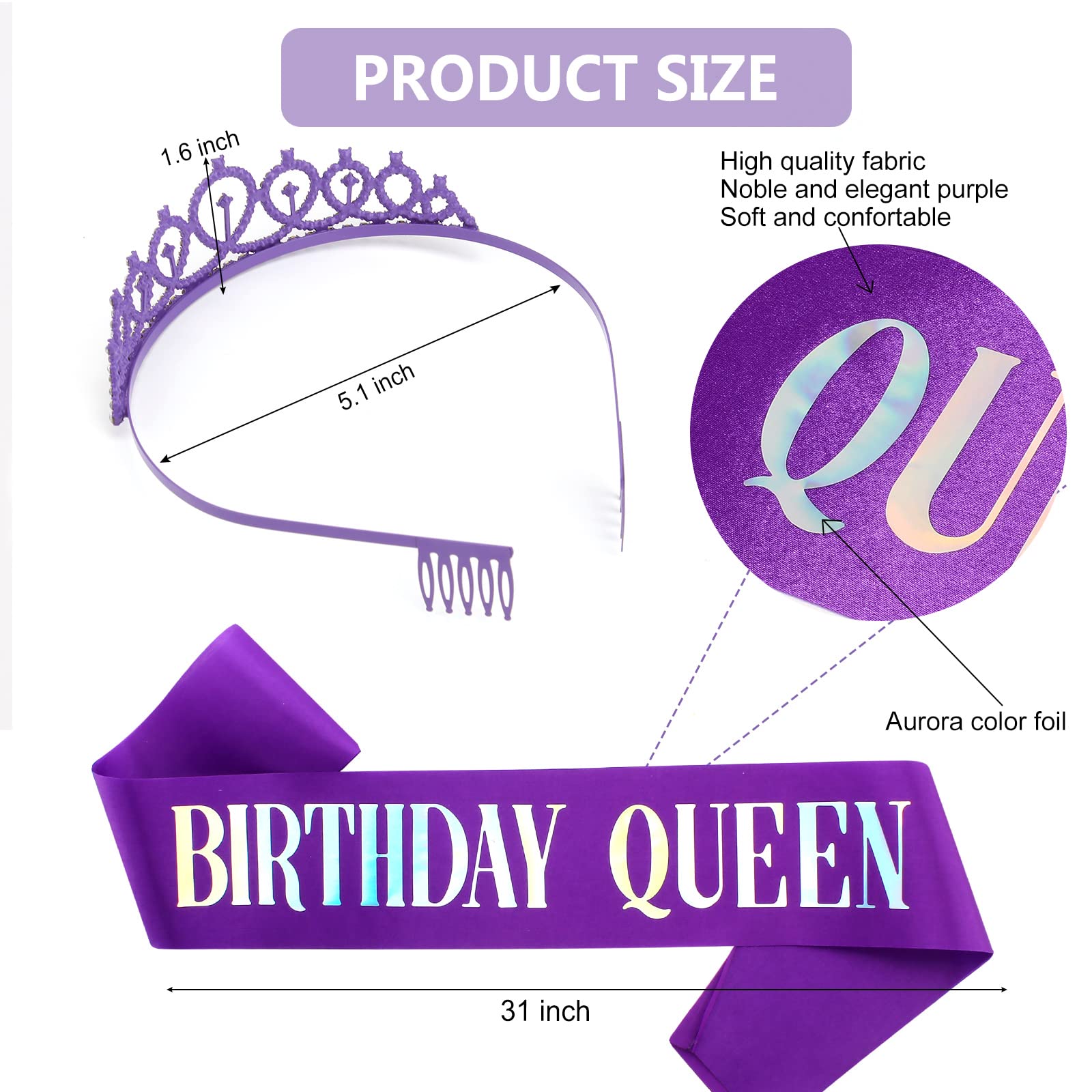 Purple Birthday Sash & AB Rhinestones Purple Crown Kit, Purple Birthday Decorations Purple Tiara Birthday Crowns for Women Girls
