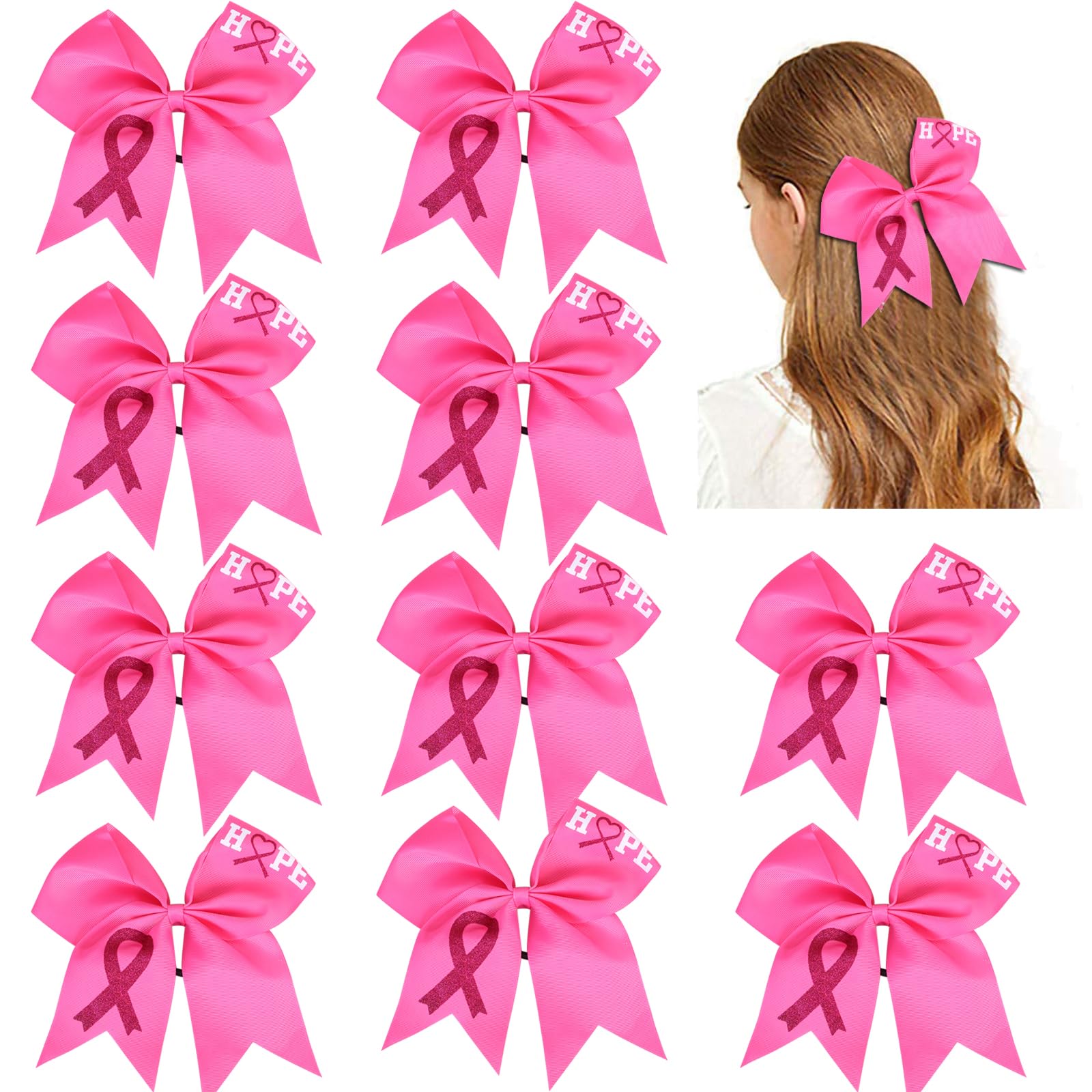 10pcs Breast Cancer Awareness Cheer Bows,7 Inches Pink Cheer Bows For Girls Women In October Cheerleading Hair Elastic Bands (Pi