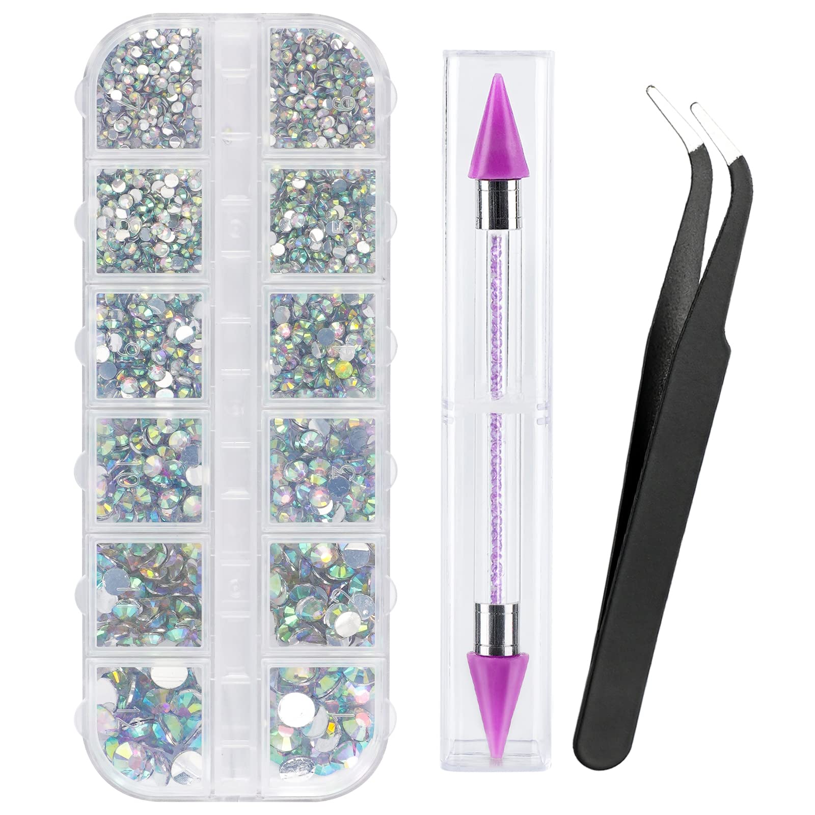 Canvalite 1500PCS Rhinestones Flat Back Gems, Nail Rhinestones Nail Art Gems with Pick Up Tweezers and Rhinestone Picker Dotting