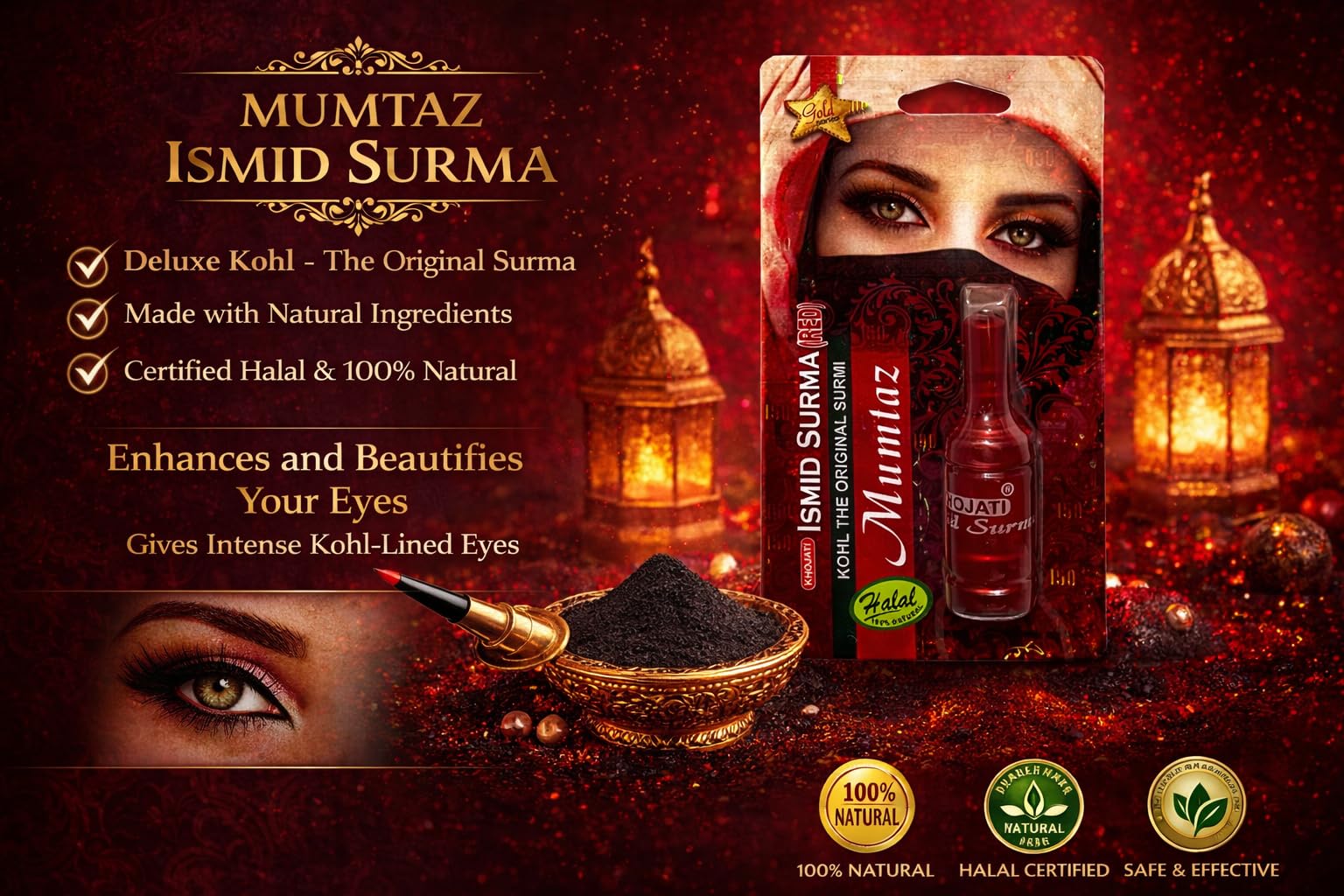 Al Shrq Natural Red Surma Powder  Long Lasting Smudgeproof & Waterproof | Natural Black Kajal | Deluxe Kohl Surma